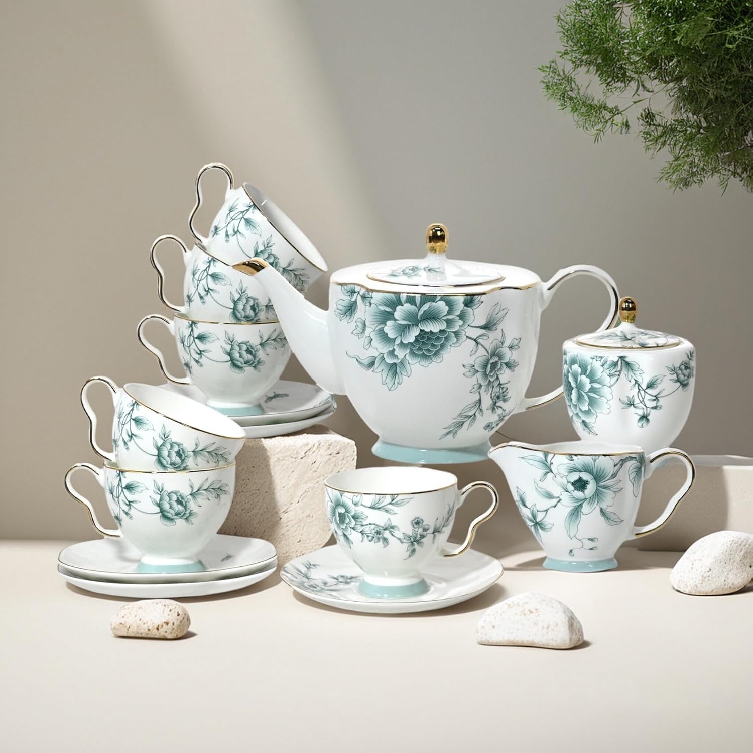 ACMLIFE Bone China Tea Sets for Adults, Blue and White Tea Gift Set, 21 Piece Porcelain, Cup and Saucer Set for 6 Vintage Floral Party for Women or Christmas Gifts Giving (Blue-Leaf-21)