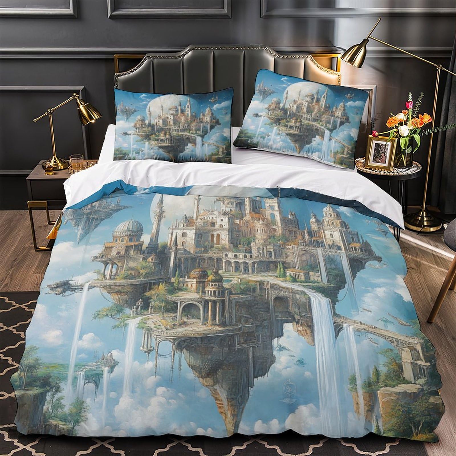 Housse de couette 3D château fantastique 200x200 microfibre entretien facile lit double