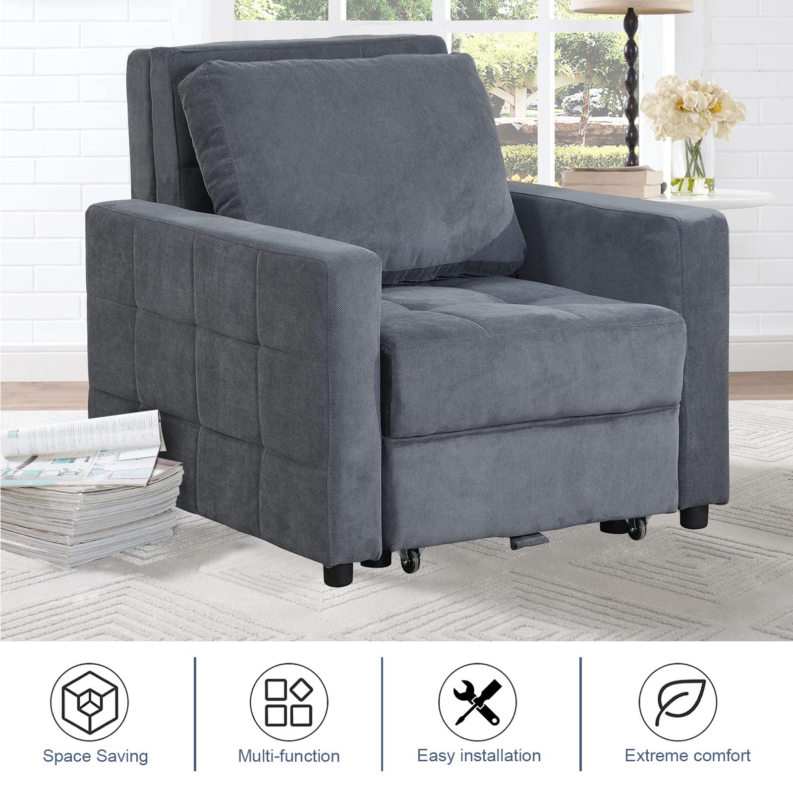URRED Convertible Chair Sleeper Bed, Pull Out Sleeper Chair Armchair
