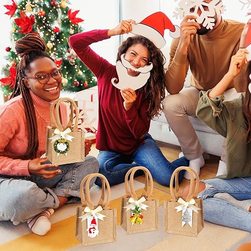 Miniatura 9 de Silkfly 20 mini bolsas de yute de arpillera con asa, pequeñas bolsas de comestibles reutilizables en blanco para profesores, damas de honor, regalos