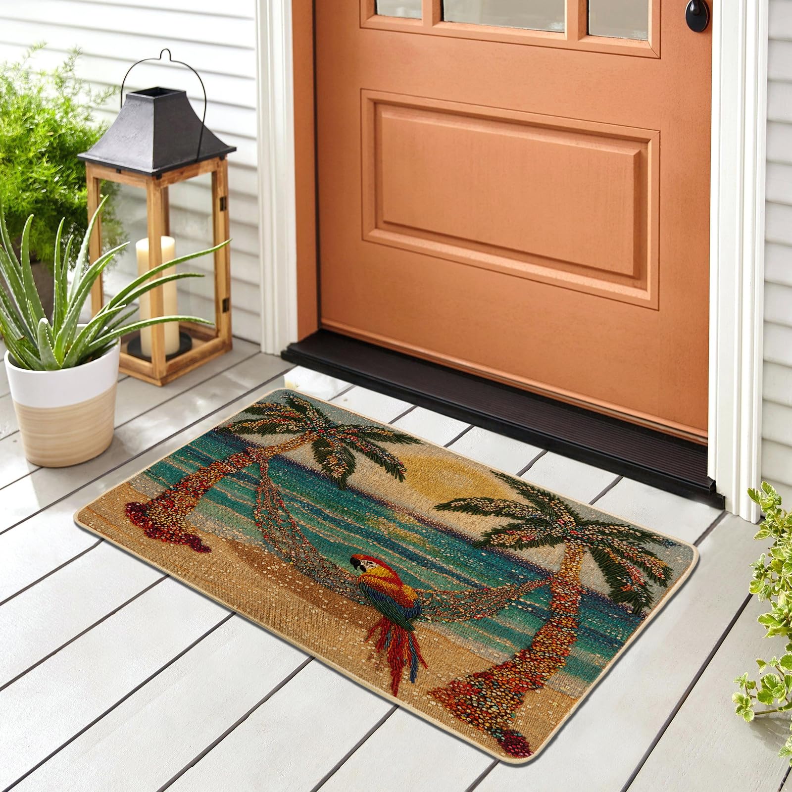 Paillasson noir vintage avec perroquet tropical en fibres denses 73,6 x 43,2 cm