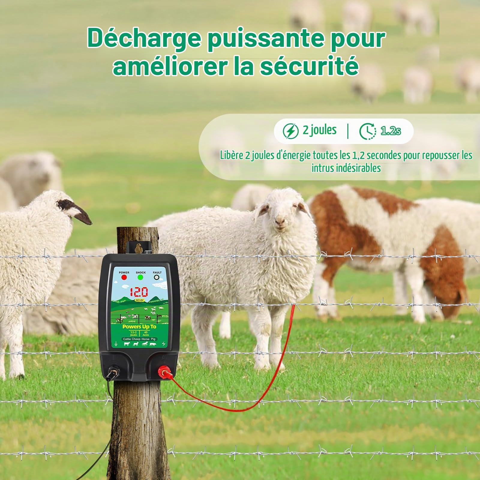 Cloture Electrique 12V avec Affichage LED, Électrificateur de Clôture Électrique pour Chiens Bovins Moutons Chevaux Animaux, Sortie 2J Haute Puissance Portée jusqu’à 10KM