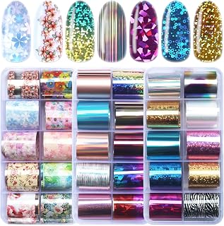 LoveOurHome 30 Sheet Tranfer Nail Foils Sticker Decorations, Holographic Aurora Nail Tranfer Foil Stickers Floral Nails Stickers Decals Starry Sky Foil Sheet Acrylic Nails Accessories Decoration