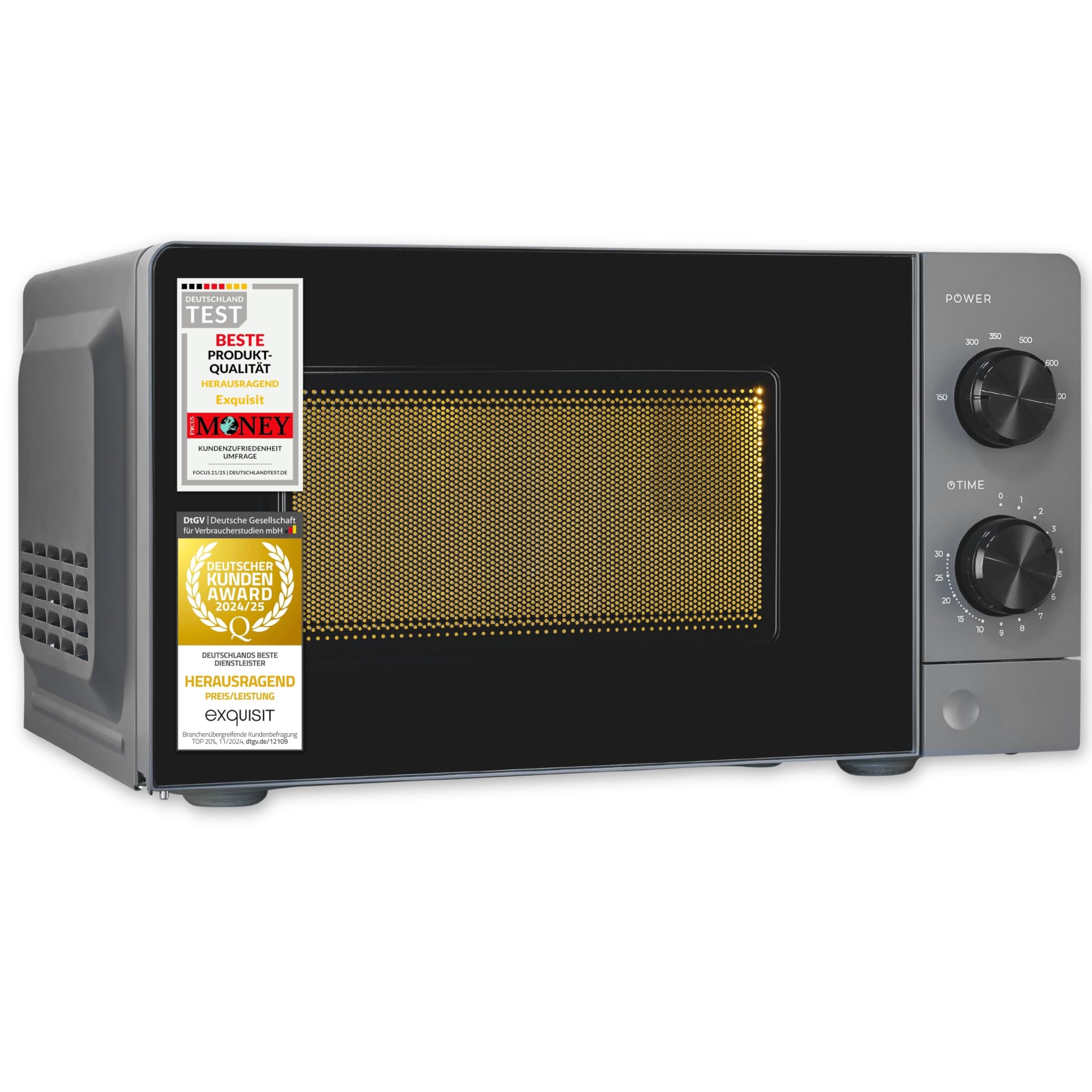 Exquisit Mikrowelle | 20 l Garraum, 700 W Leistung, 6 Leistungsstufen, Standgerät | Auftau-Programm, manuelle Steuerung, mechanische Zeitschaltuhr, Innenbeleuchtung, Glas-Drehteller | MW850-070 grau
