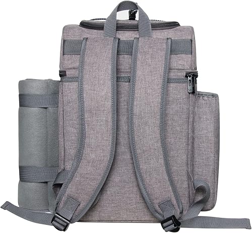 Miniatura 7 de Hap Tim Mochila de canasta de pícnic, soporte para vino, manta de forro de vellón y juego de cubiertos, perfecta para la playa, viajes de día, Gris