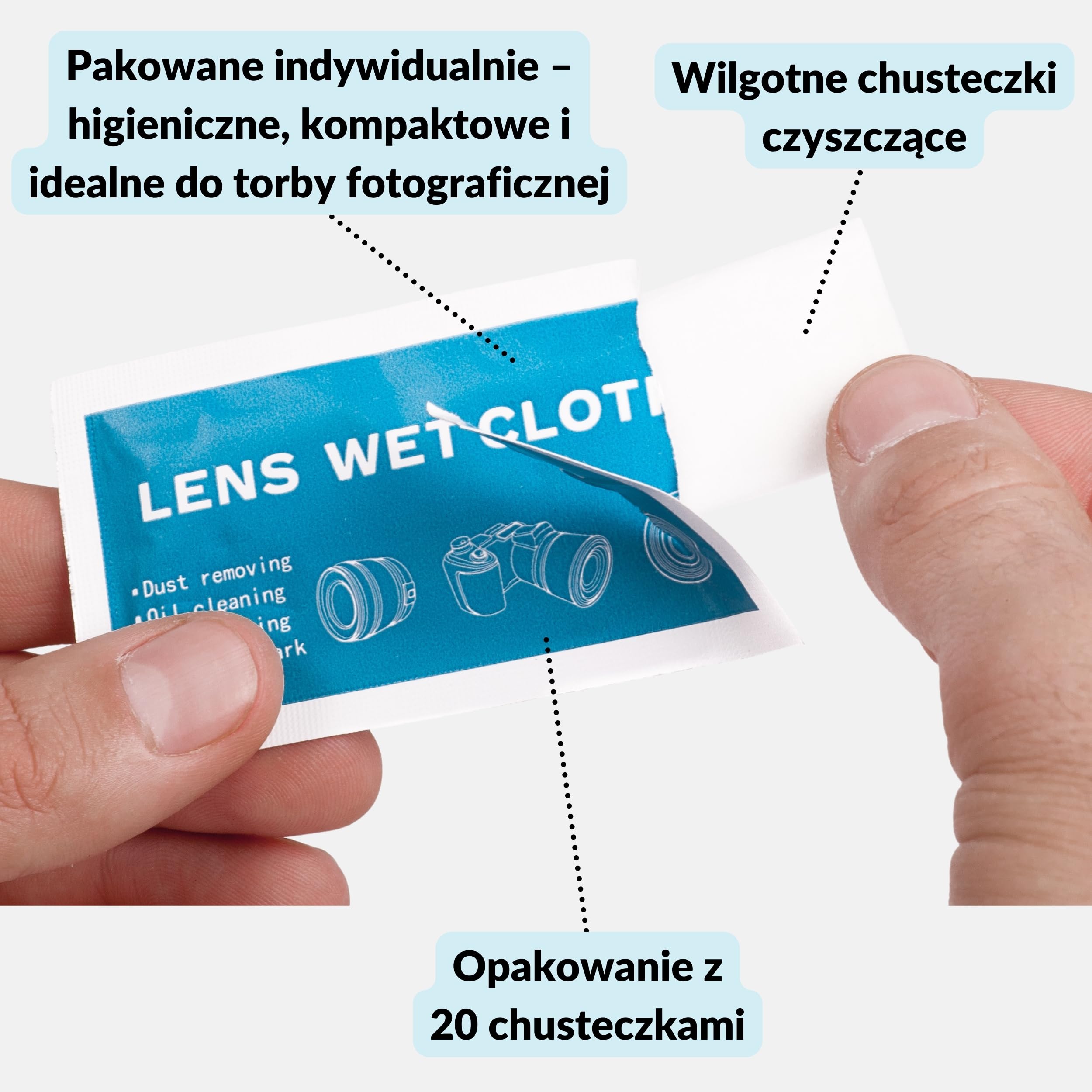Lens-Aid Mokre ściereczki do czyszczenia soczewek, wyświetlacza telefonu komórkowego, okularów, tabletów – 20 sztuk do szybkiego i dokładnego czyszczenia na mokro