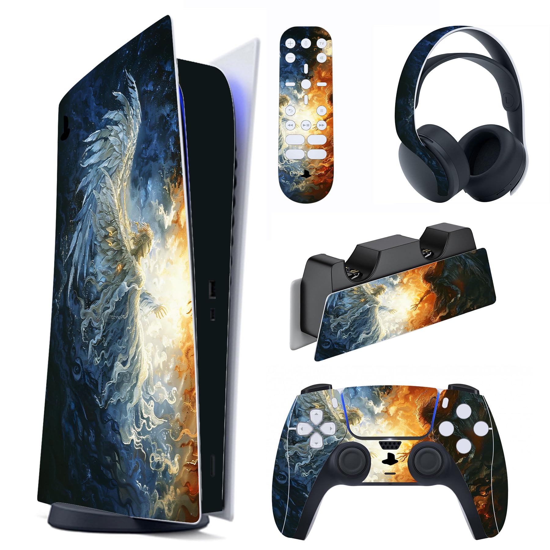 PlayVital Pegatina Completa para ps5 Edición Digital - Calcomanía Vinilo para Consola, Control, Estación de Recarga, Control Remoto y Audífonos, Adhesivo Piel (Dragón Ink Spirit) — view 36