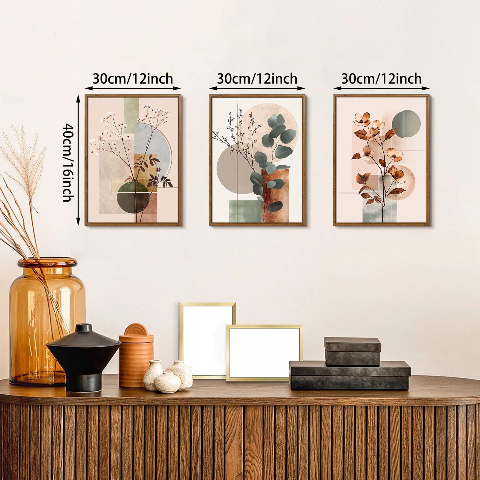 3Pcs En Bois Cadre Beige Géométrique Plantes Floral Tableau Décoration Murale Salon Botanique Coton Eucalyptus Feuille Impression sur Toile Peintures sur Toile Décor Murale Pour Chambre Maison 30x40x3