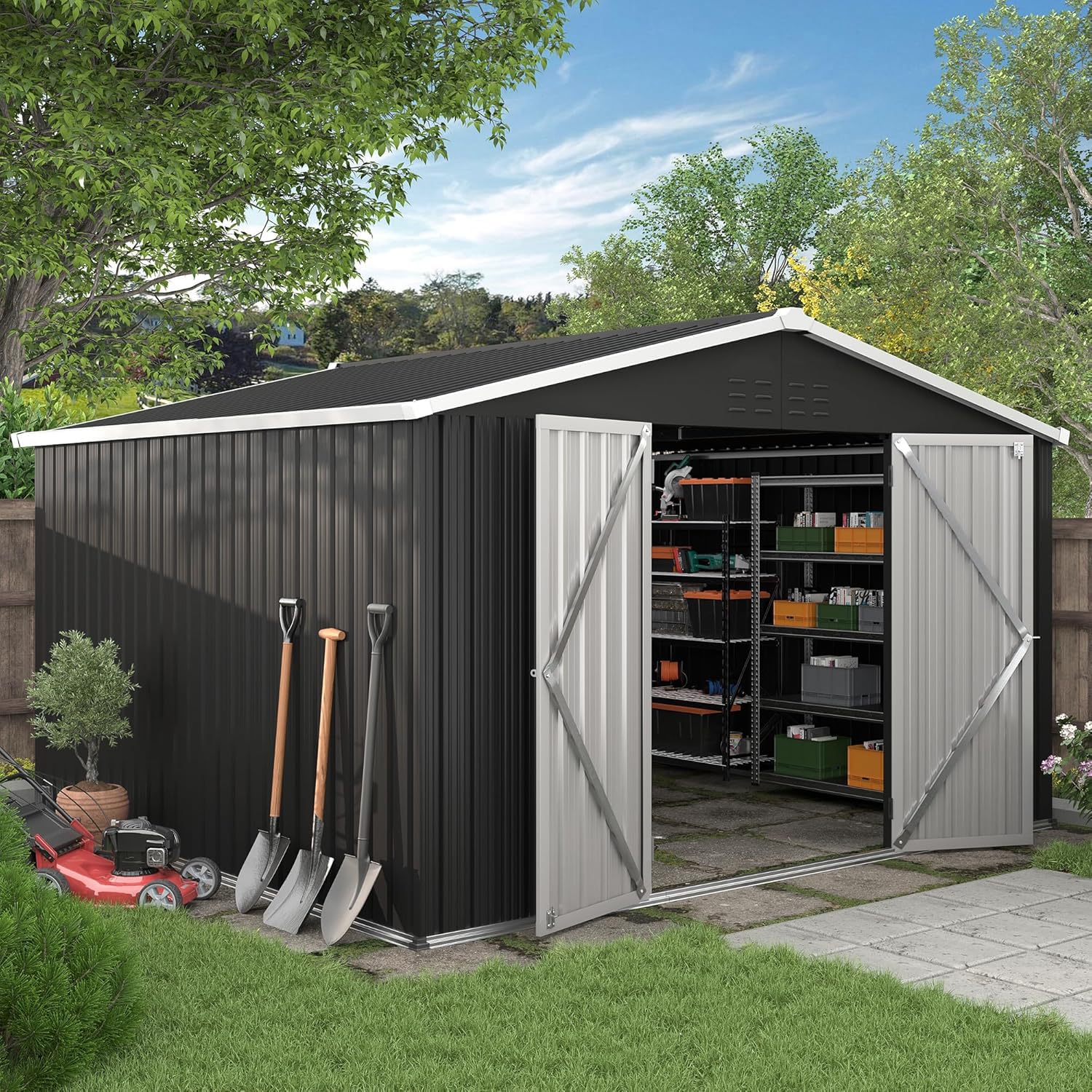 UDPATIO Metal Shed 8x4 FT, Outdoor Garden Storage, Waterproof Metal Shed for Firewood, Garbage Can, Tool, Lawnmower, Bike Shed, Galvanized Steel with Lockable Door for Backyard, Patio, Dark Grey — view 12