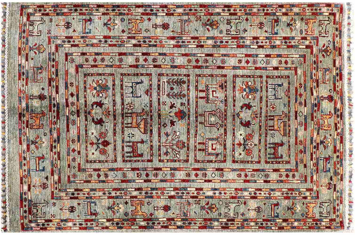 Afghan Ziegler Khorjin Ariana Teppich 100x150 Handgeknüpft Grau Gestreift Orient a
