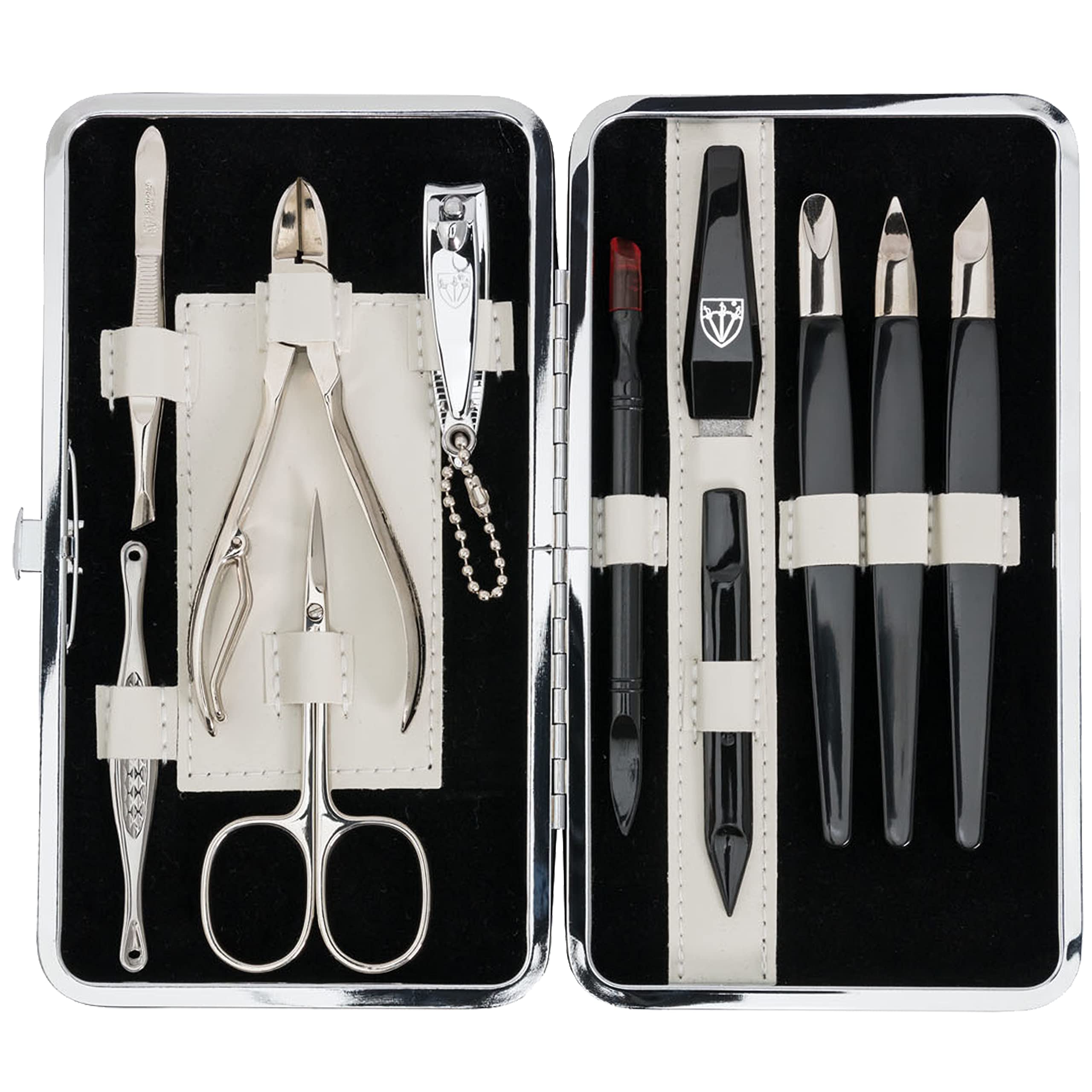 DREI SCHWERTER Germany Maniküreset Nagel Set 'Treviso' - 11-tlg. aus Textil im Zebralook, edles Rahmentui, Inhalt: Nagelzange, Hautschere, Pinzette, Saphirnagelfeile und vieles mehr!