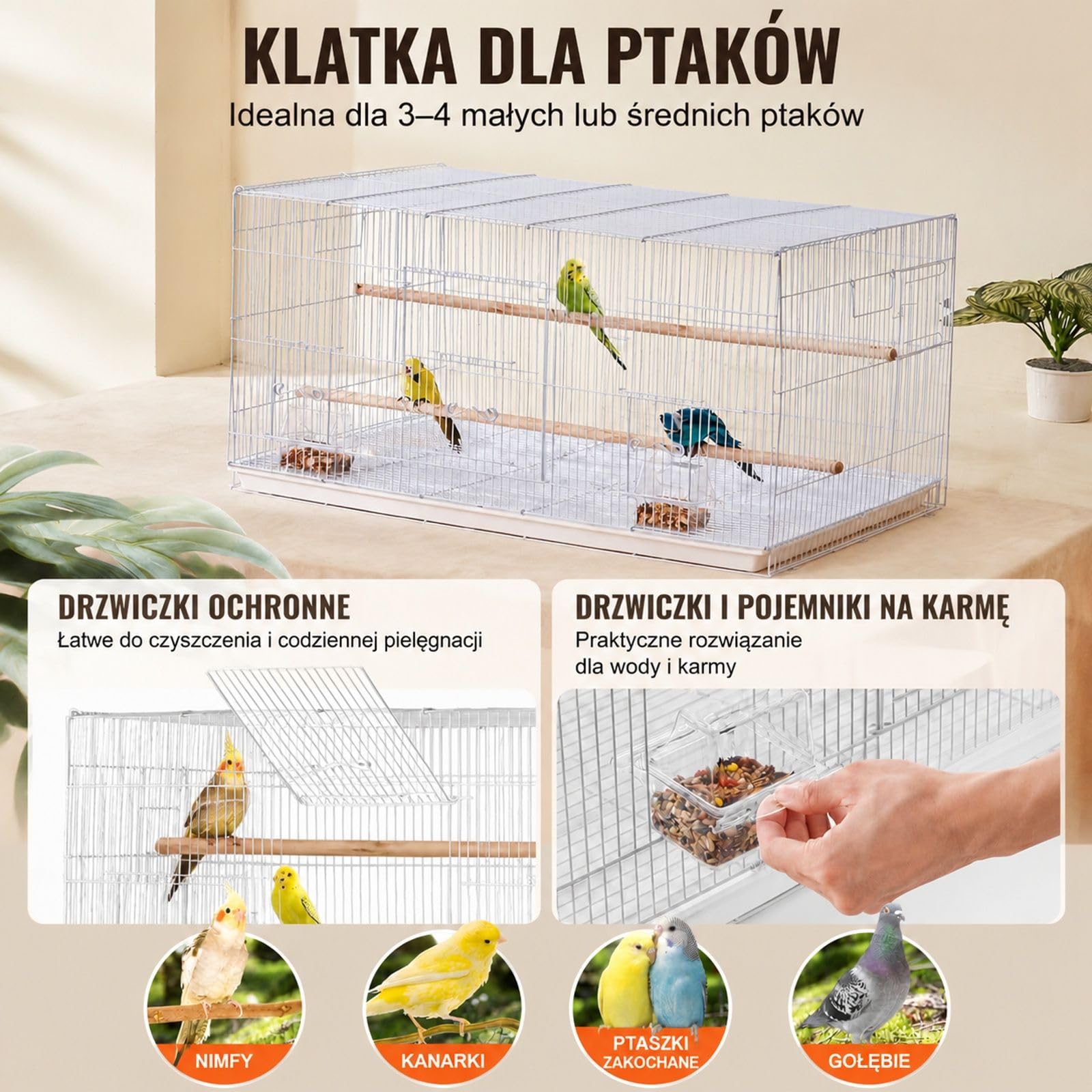Biała metalowa klatka dla małych papug, kanarków i zięb z uchwytem oraz żerdziami