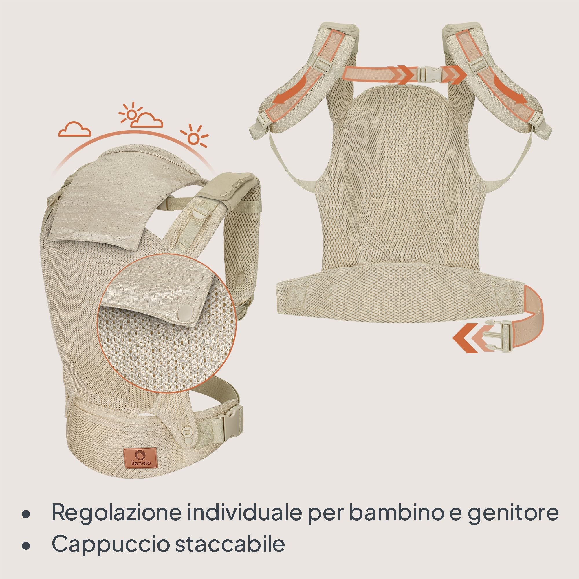 LIONELO Marsupio Ergonomico Neonato Margareet Air da 4 Mesi a 20 kg, 3 Posizioni Materiale Traspirante Cappuccio staccabile Doppia Protezione Marsupio per Bambini