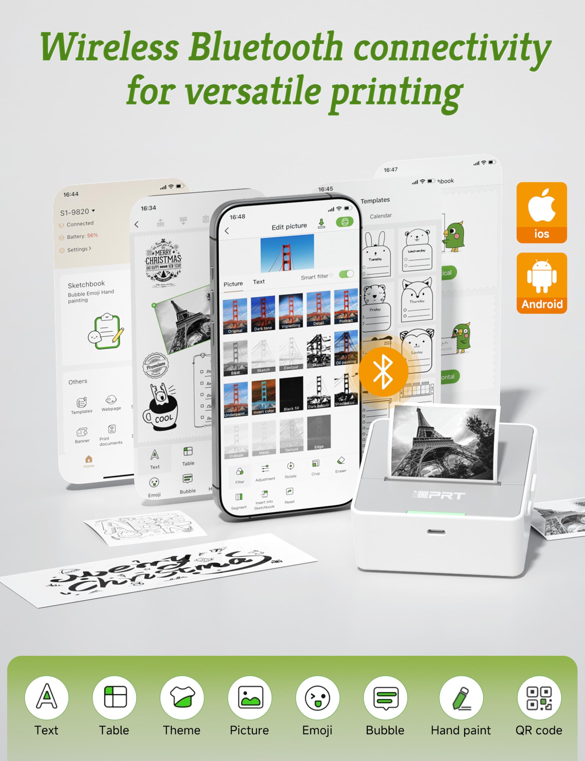 iDPRT Sticker Printer, Portable Sticker Maker Machine, Mini Inkless Bluetooth Thermal Printer for iPhone & Android, Pocket Printer for Labels, Barcodes, DIY Journaling, Kids Gift, Gray: Grey color