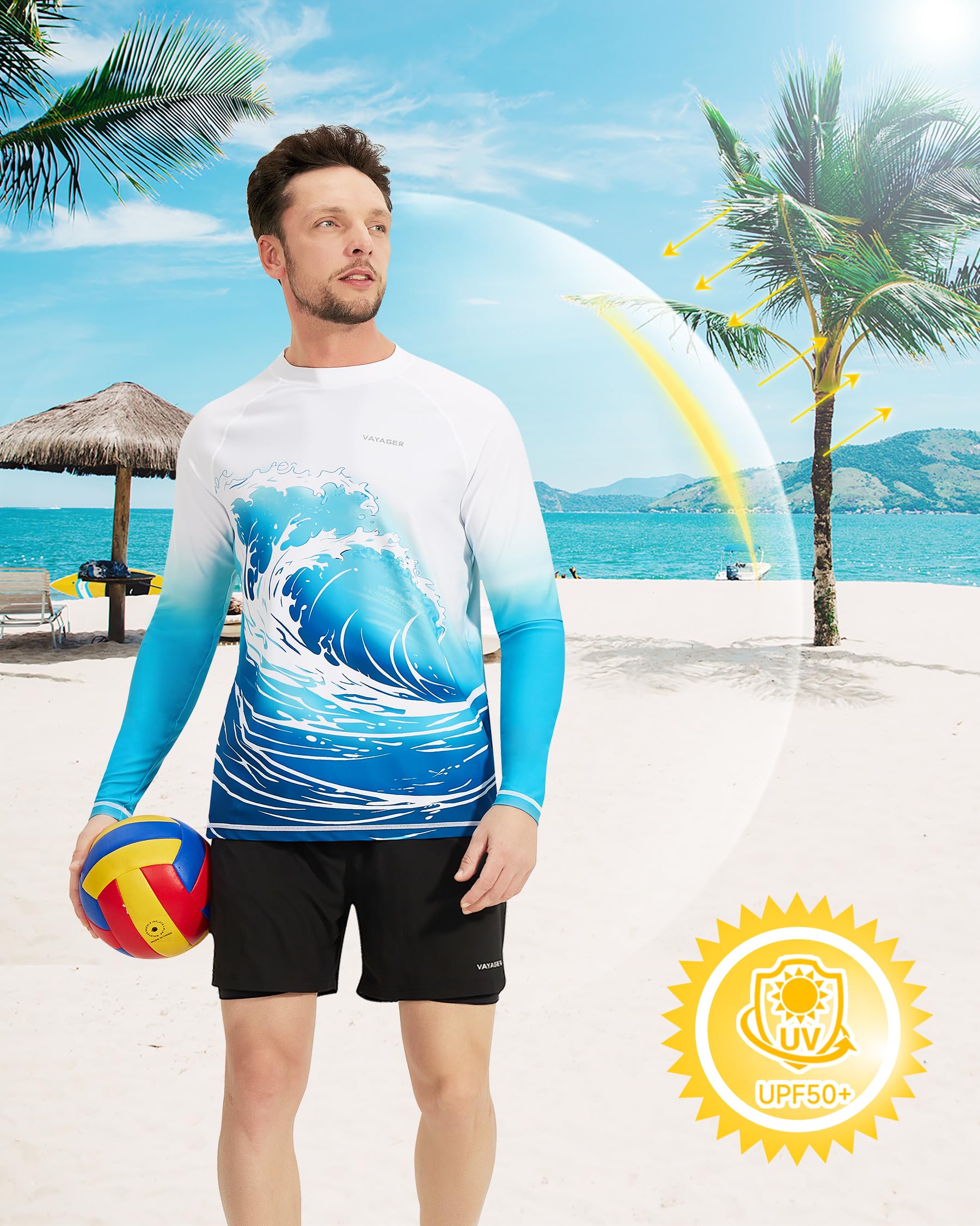 VAYAGER Camiseta de natación para hombre, protección solar UV UPF 50+, de secado rápido, camiseta de manga corta, camiseta de surf para pesca y playa