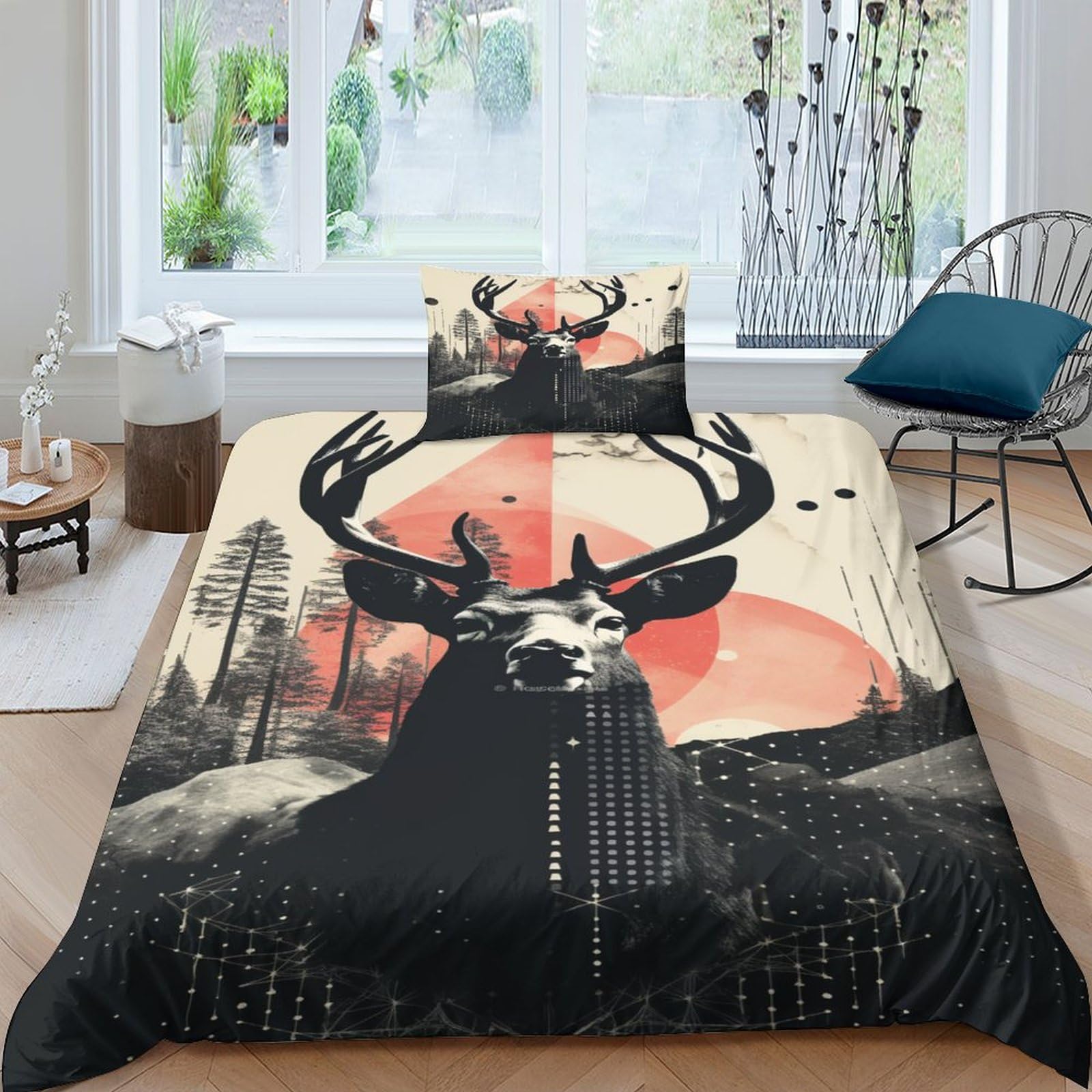 Funda nórdica de ciervo 135x200 cm con diseño geométrico 3D y fundas de almohada para cama infantil