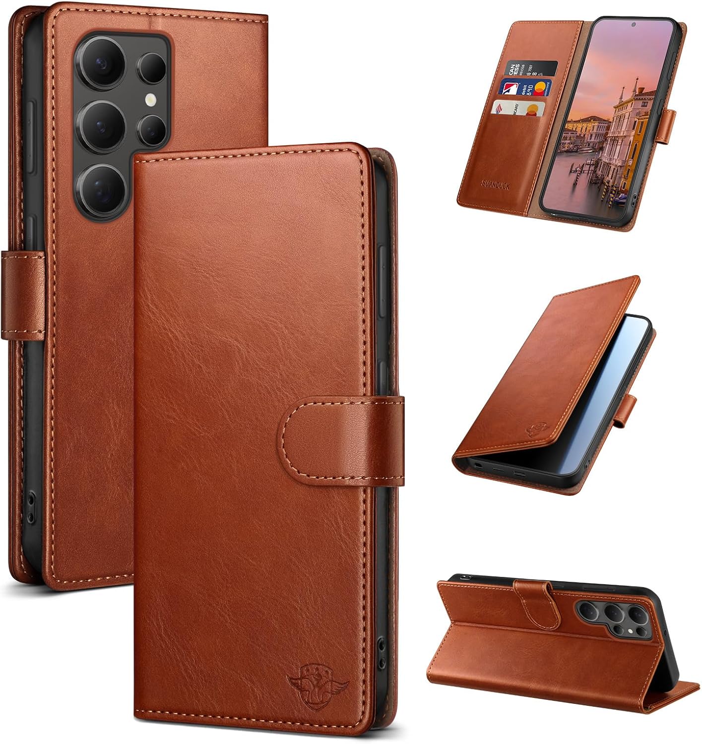 Wallet Case for Samsung Galaxy S24 Ultra with RFID-Blocking Credit Card Holder, PU Leather Folio Flip Cover Women Men Protective Phone Case Compatible with Samsung S24Ultra, Light Brown