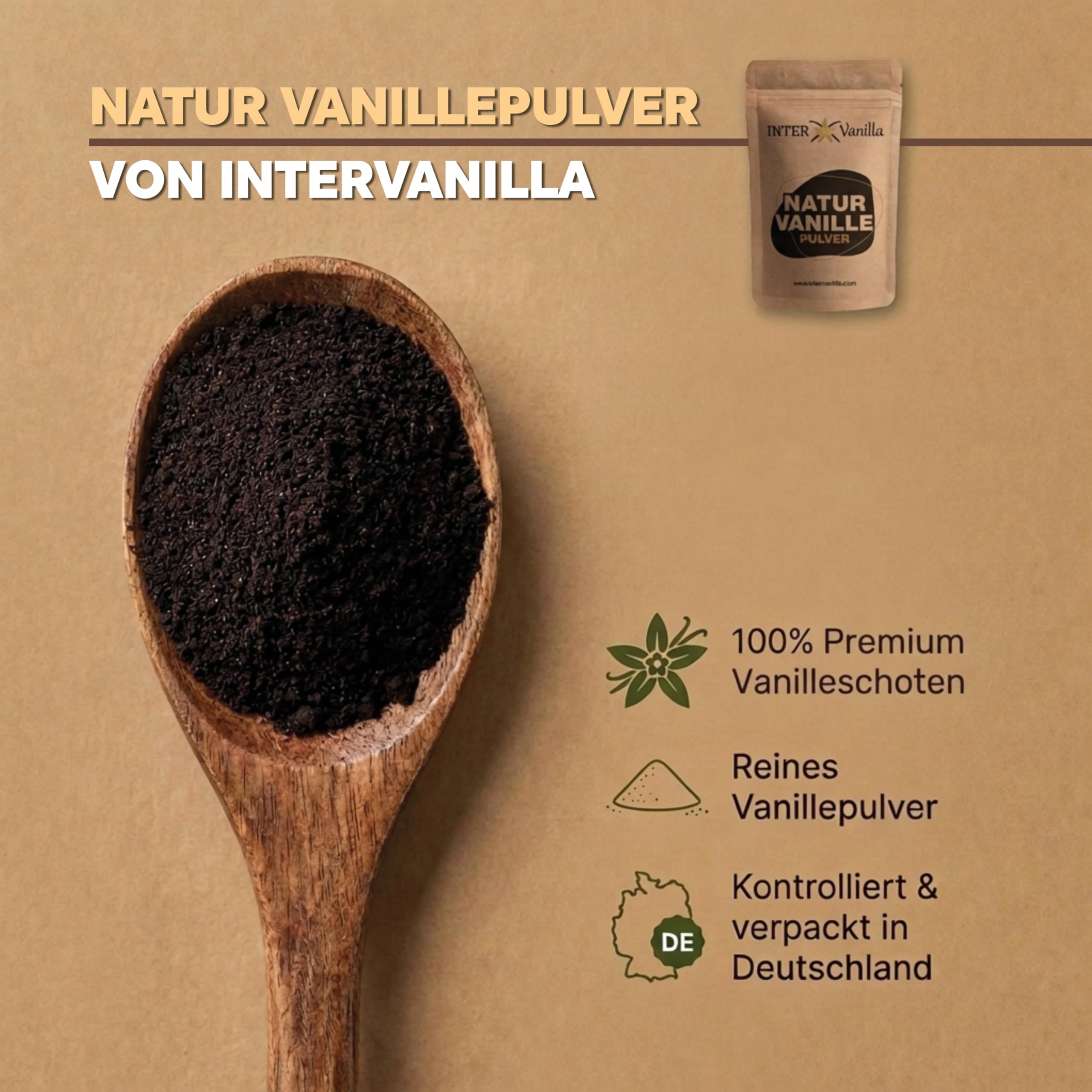 InterVanilla Natur Vanille gemahlen VANILLEPULVER, 100g aus 100% echten Premium Vanilleschoten. Vanilla bean powder. Ohne Zusätze, ohne Zucker