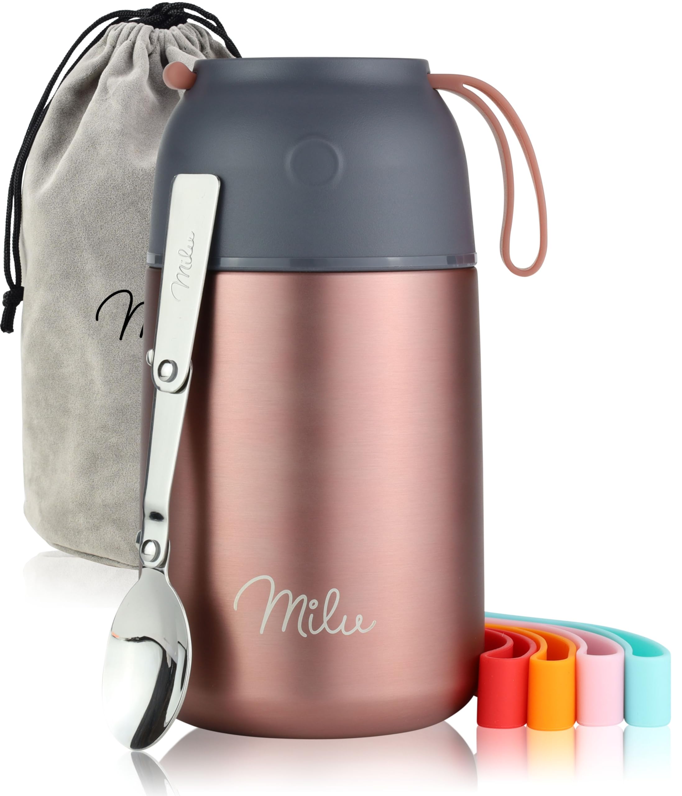 Milu Food Flask for Hot Food - 650ml Leakproof Insulated Stainless Steel Thermal Lunch Box, Soup Container with Spoon, BPA-Free, To go Meal Prep, Porridge (Rose Gold, 650ml)