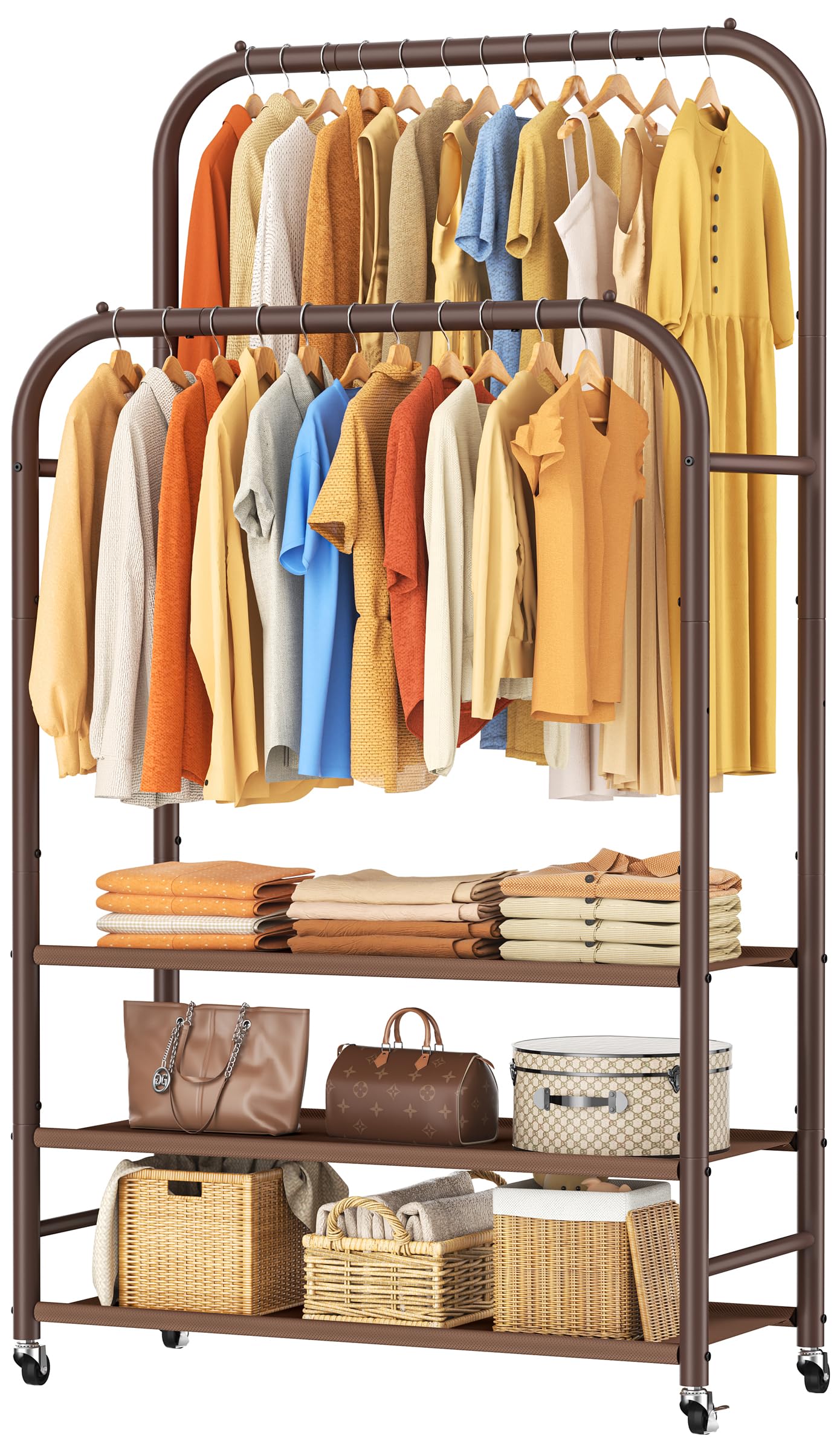 HOMIDEC Double-Rod Clothes Rail, Heavy-Duty Clothing Rail with 3-Tier Dust-proof Fabric Non-Woven Shelves, Metal Garment Rack with Wheels for Bedroom, Holds up to 80 kg, Brown