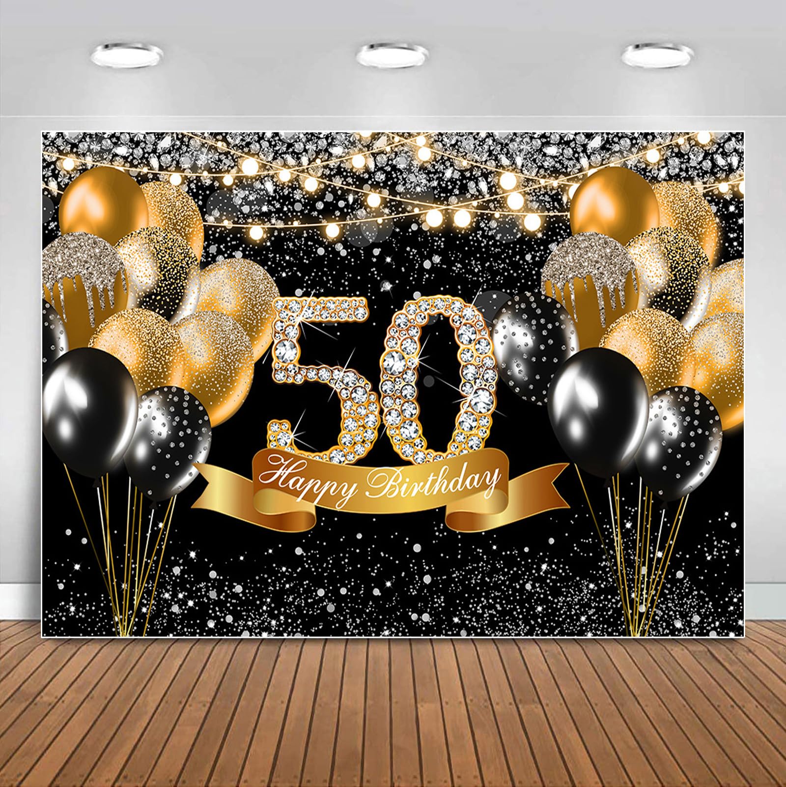 Sensfun 50th Birthday Backdrop Black and Gold Birthday Party Decorations Glitter Balloons Photography Background for Women Men Happy Fabulous 50 Bday