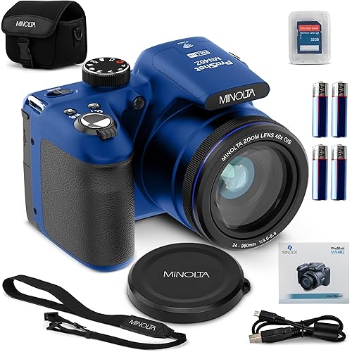 Minolta MN40Z 20MP Digital Camera – 40x Optical Zoom, 1080p FHD Video, 3.0" LCD, Wi-Fi, Face/Smile/Blink Detection – Blue