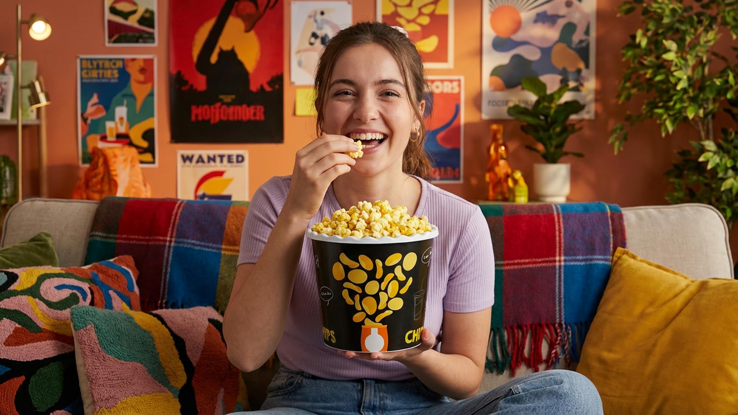 Recipientes de plástico reutilizables de estilo moderno para palomitas de maíz, juego para noche de cine, lavables en el lavavajillas, sin BPA, paquete de 4 (color: amarillo, marrón, rojo/blanco y