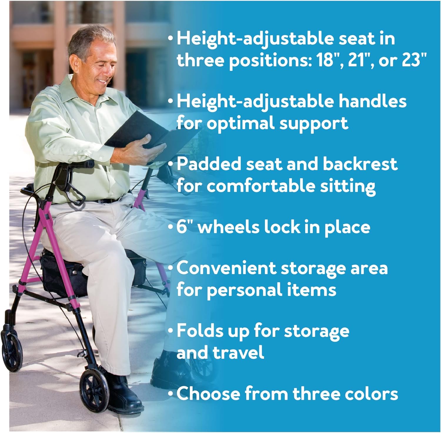 Carex Step 'N Rest Aluminum Rolling Walker For Seniors, Pink - Rollator Walker With Seat - With Back Support, 6 Inch Wheels, 250lbs Support, Lightweight : Health & Household