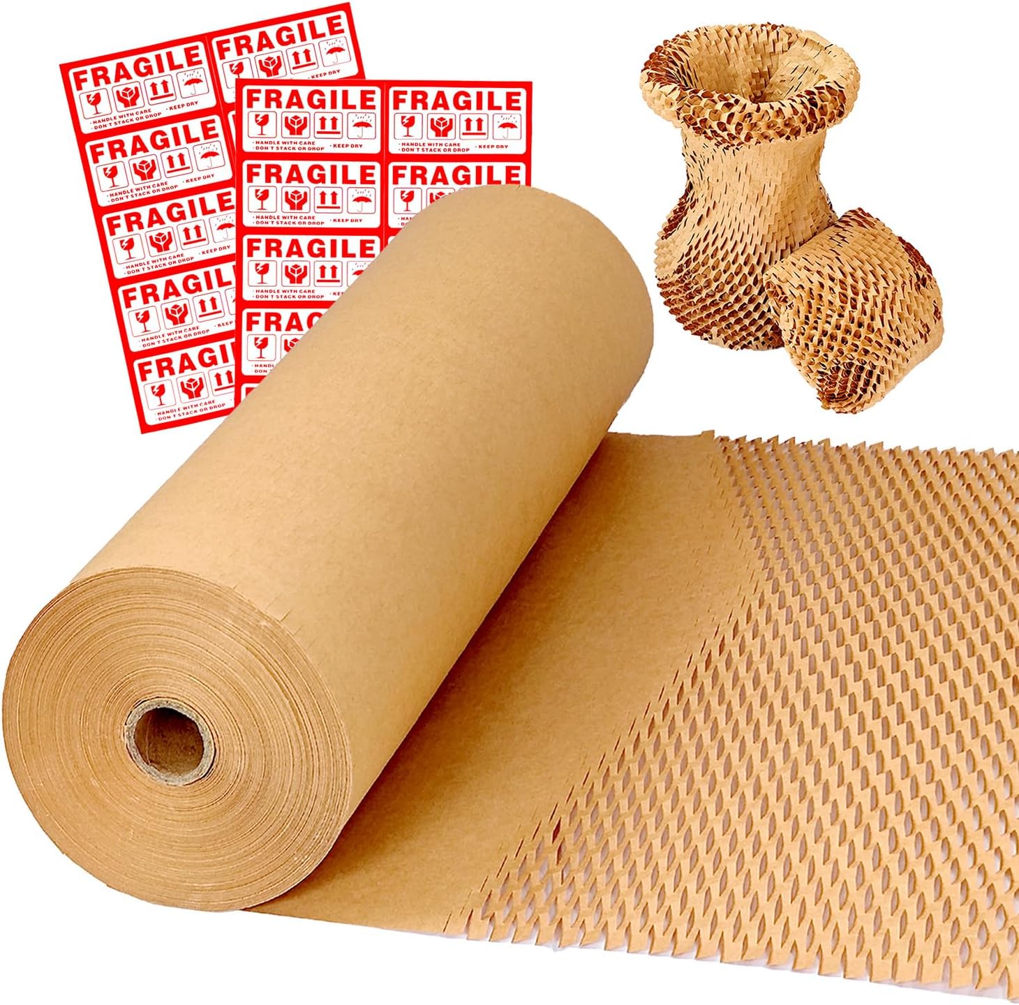 Honeycomb Packing Paper Wrap 15" x 250' Cushioning Packing Material for Moving Dishes Eco-Friendly Wrapping Paper for Glass Moving Protective Paper Bubble Wrap with 20 Fragile Stickers