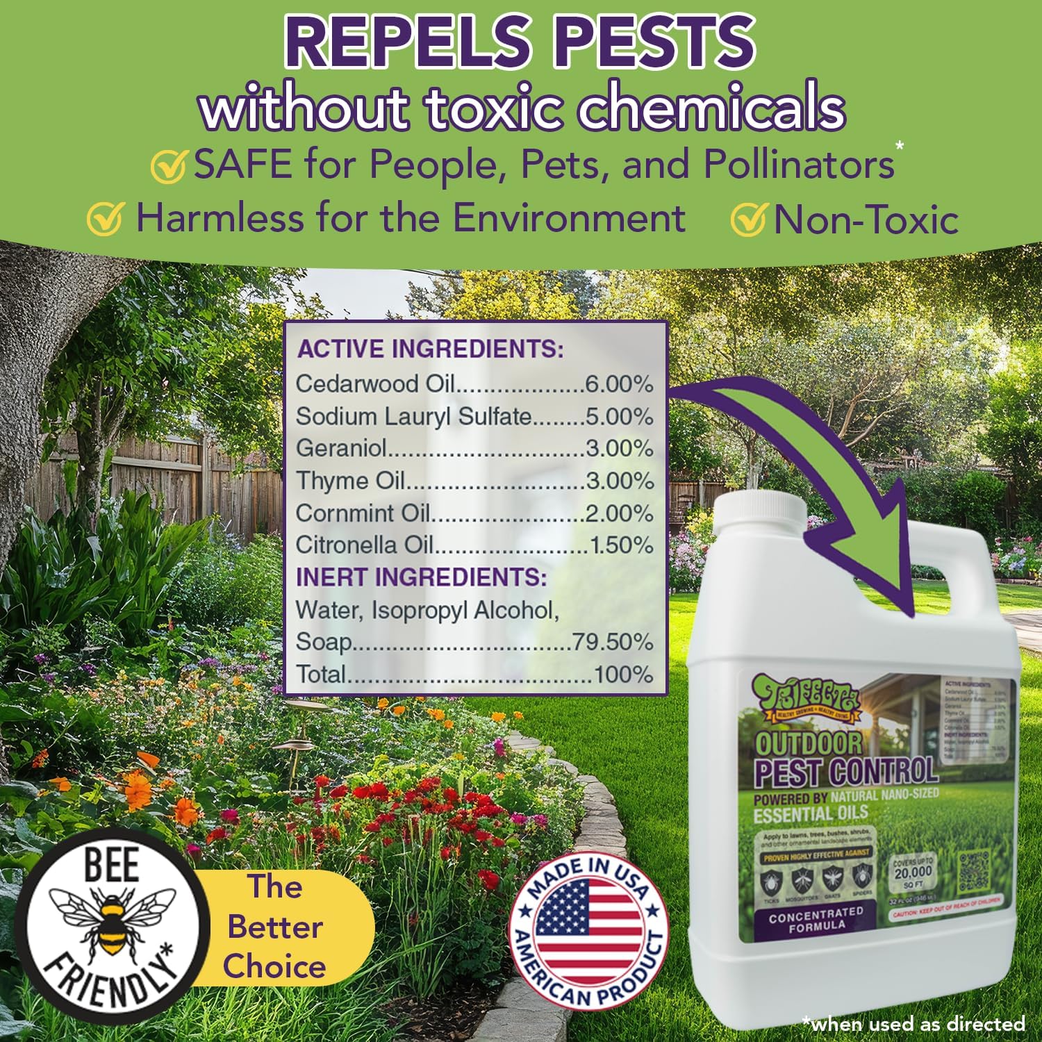 Trifecta Natural Outdoor Pest Control Yard Spray with Essential Oils | Mosquito, Ant, Flea, Tick, Gnat Killer on Contact & Repellent Treatment for Insects Bugs | Safe Around Kids & Pets | 32oz Conc