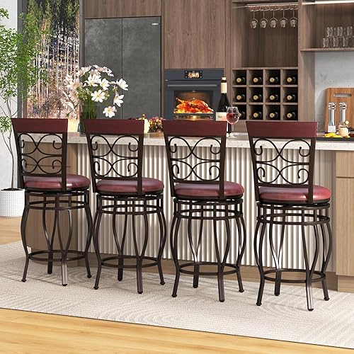 Miniatura 4 de COSTWAY Juego de 4 taburetes de bar giratorios de 25.5 pulgadas de altura de mostrador, con respaldo y reposapiés, silla de desayuno giratoria de