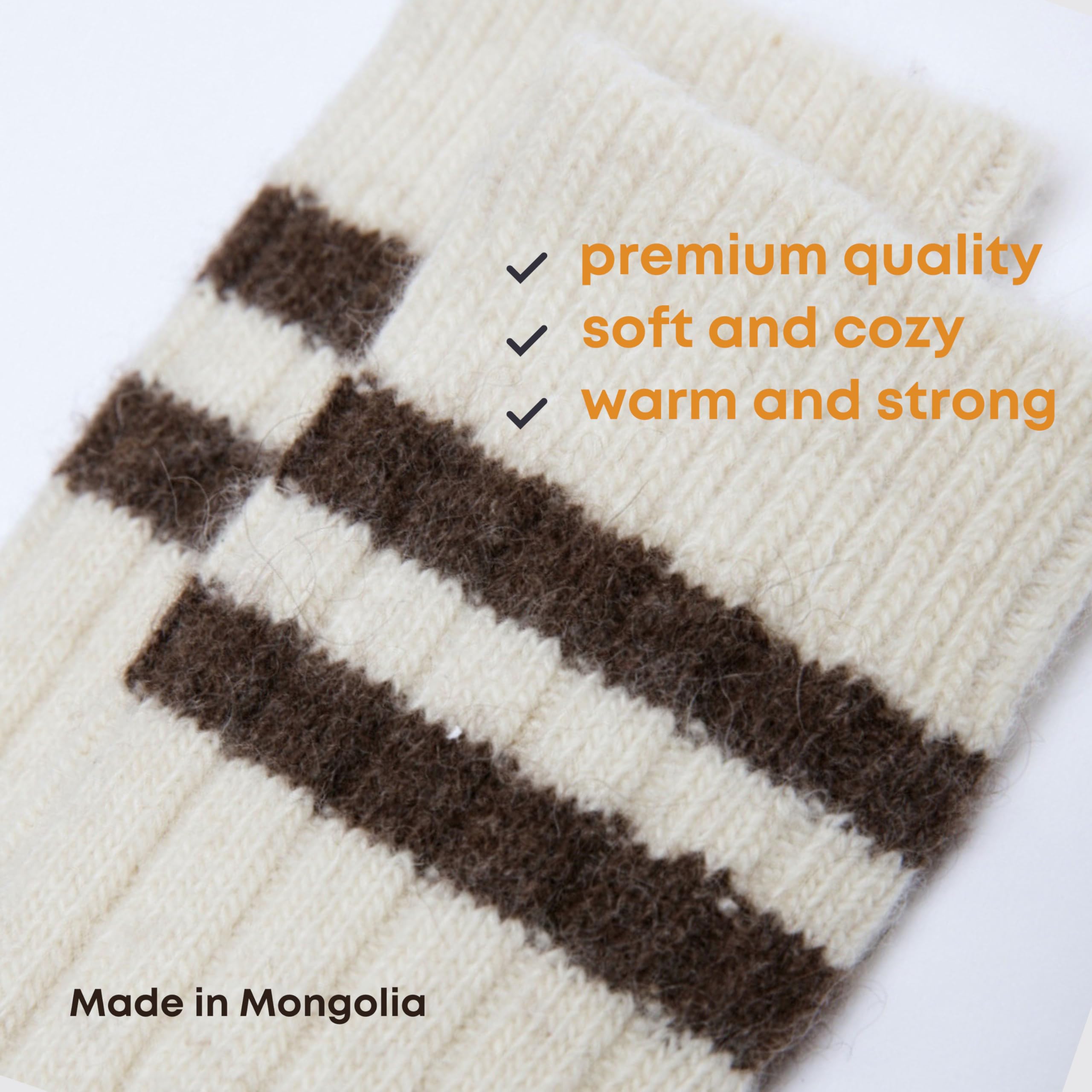 TOD OIMS 92% Merino Wool Socks Crew Heavyweight Travel Hiking Cozy Super- Soft Breathable Socks, Ivory and Brown Strips, Medium 7-10 US, 100% Made in Mongolia, 2 pairs