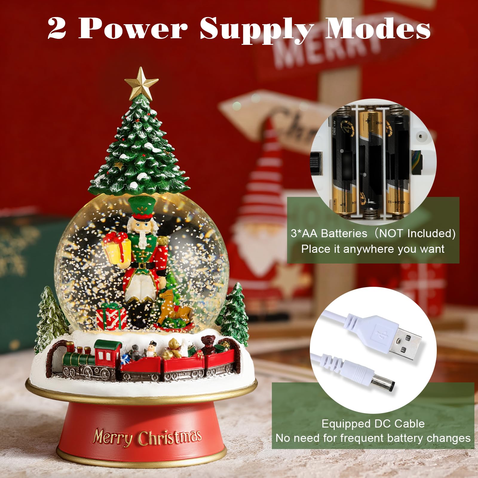 Lewondr Globo de Nieve Navideño, Globo de Cristal con 8 Canciones Navideñas, Caja de Música Eléctrica Reno con Tren y Cascanueces, Decoración de Navidad para Chimenea de Dormitorio