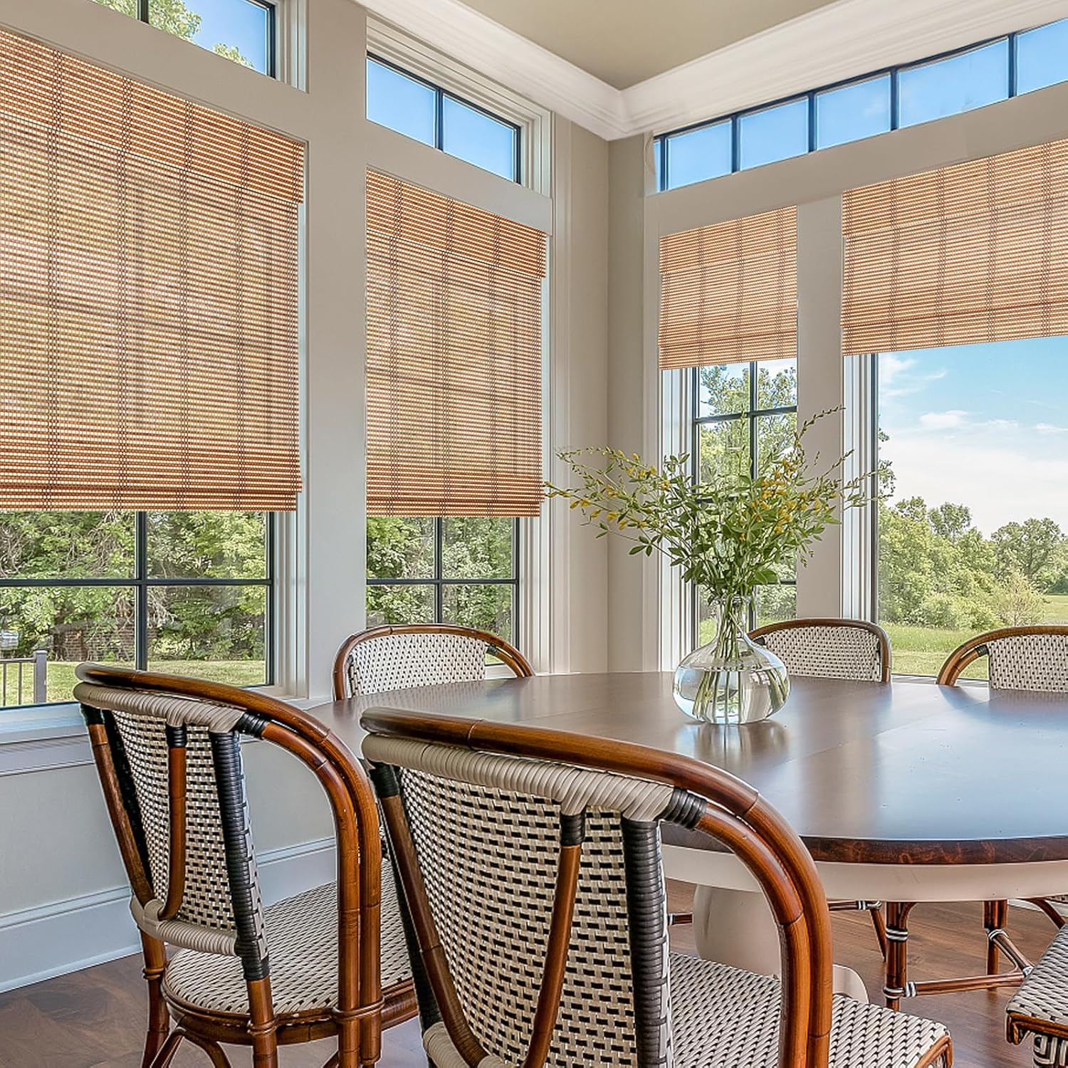 Sunbox Bamboo Roman Shades, Cordless Roman Blinds, Custom Window Blinds, Light Filtering Window Treatment, Natural Two Tone Bamboo Woven Wood Roman Shades for Indooer Windows, French Doors