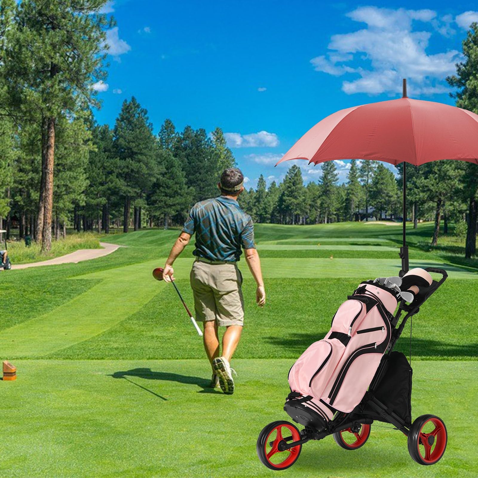 LIFEZEAL Carrito de Golf Plegable 3 Ruedas con Freno de Pie, Altura Ajustable, Paragüero, Portabotellas y Bolsa