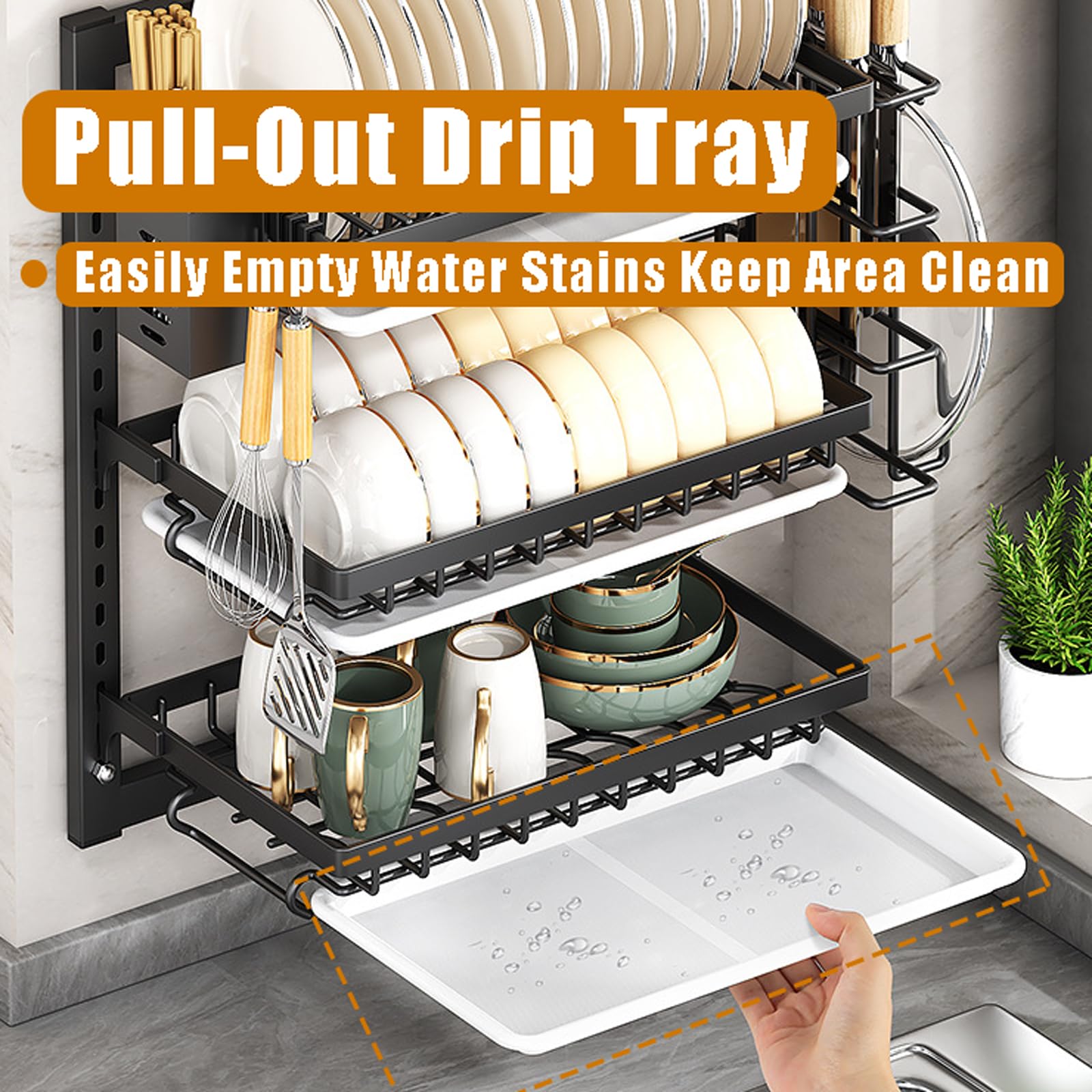 Escurridor de Platos de Pared, escurridor de Platos de Cocina de 2/3 Niveles, Rejilla para secar Platos, escurridor de Platos Colgante con Ganchos, Ajustable, para Utensilios de Cocina.