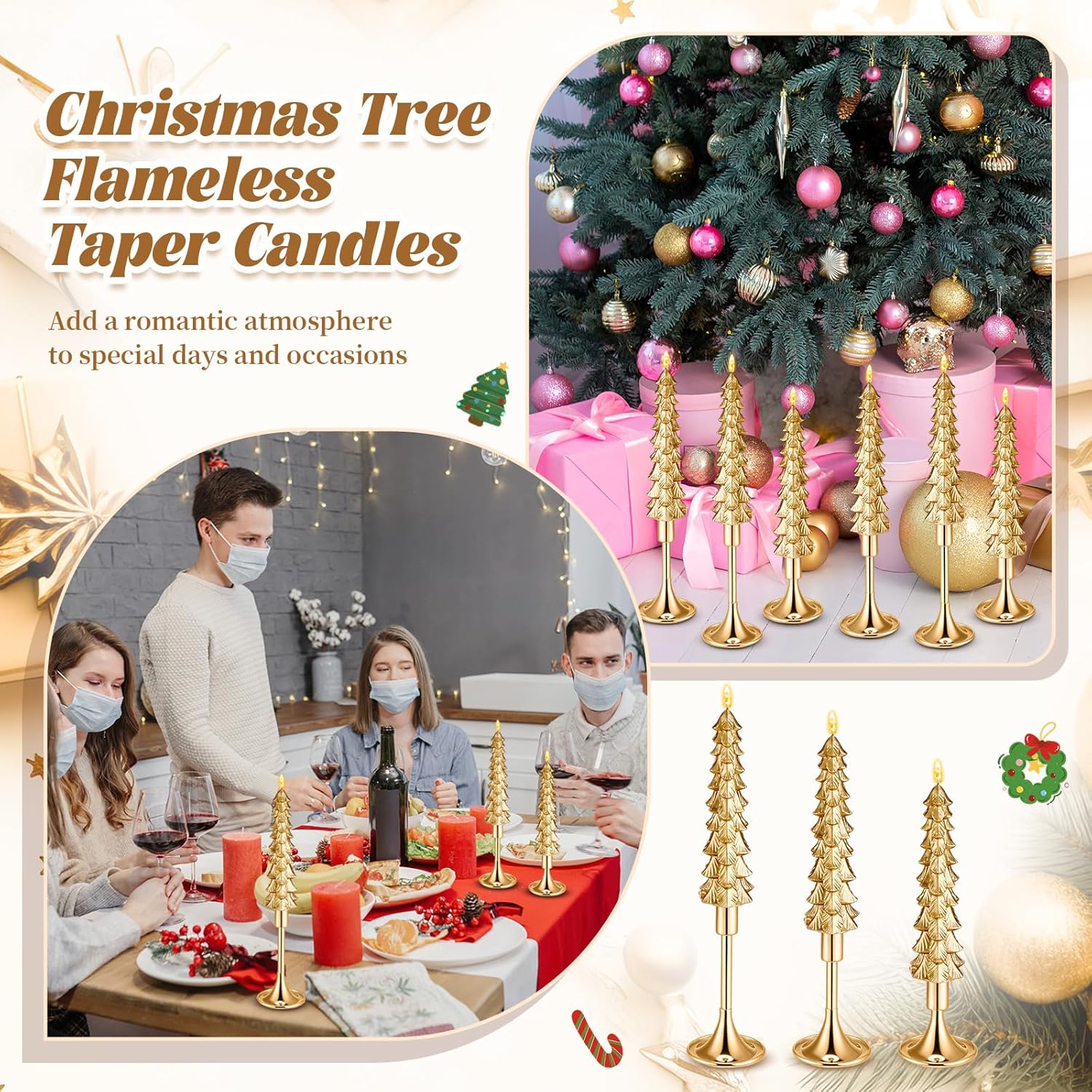 9 Sets Christmas Tree Flameless Taper Candles with Gold Holders Remote Christmas Tree LED Candles Battery Operated Flickering Candlestick for Xmas Table Centerpieces Home Decor(Gold)