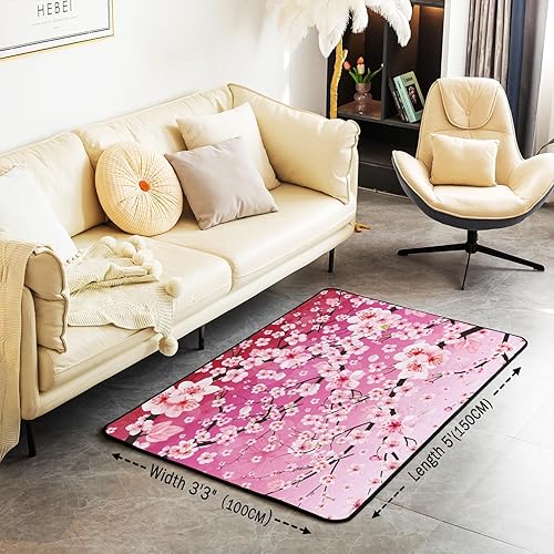 Miniatura 2 de Alfombras para sala de estar, 5 x 7 pies, estilo japonés, alfombra de área de flores Sakura, alfombra decorativa rosa degradado para niños, niñas,