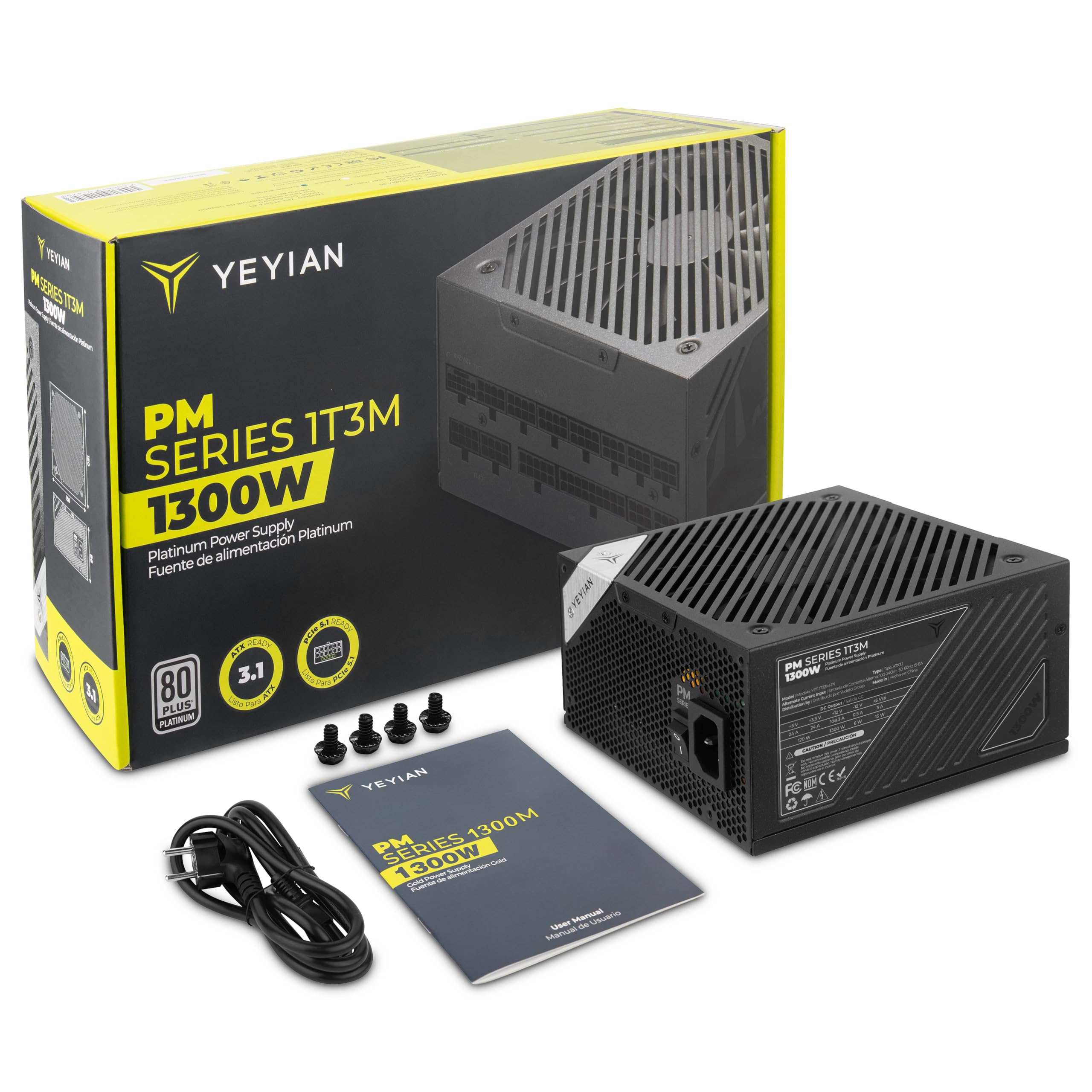 Yeyian Fuente de Alimentación Orion 1300W ATX 3.1 – Certificación 80 + Platinum, PCIe 5.1, Condensadores Japoneses, Compatible con NVIDIA y AMD – Alta Eficiencia y Potencia Real