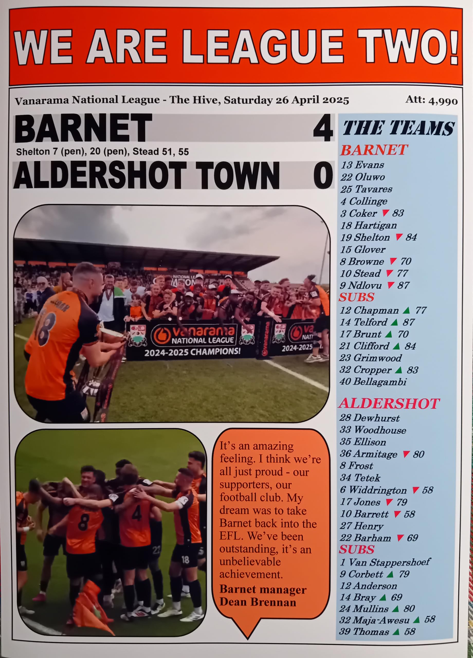 Assorted Multicoloured Barnet 4 Aldershot 0-2025 National League - Barnet Champions - Souvenir Print