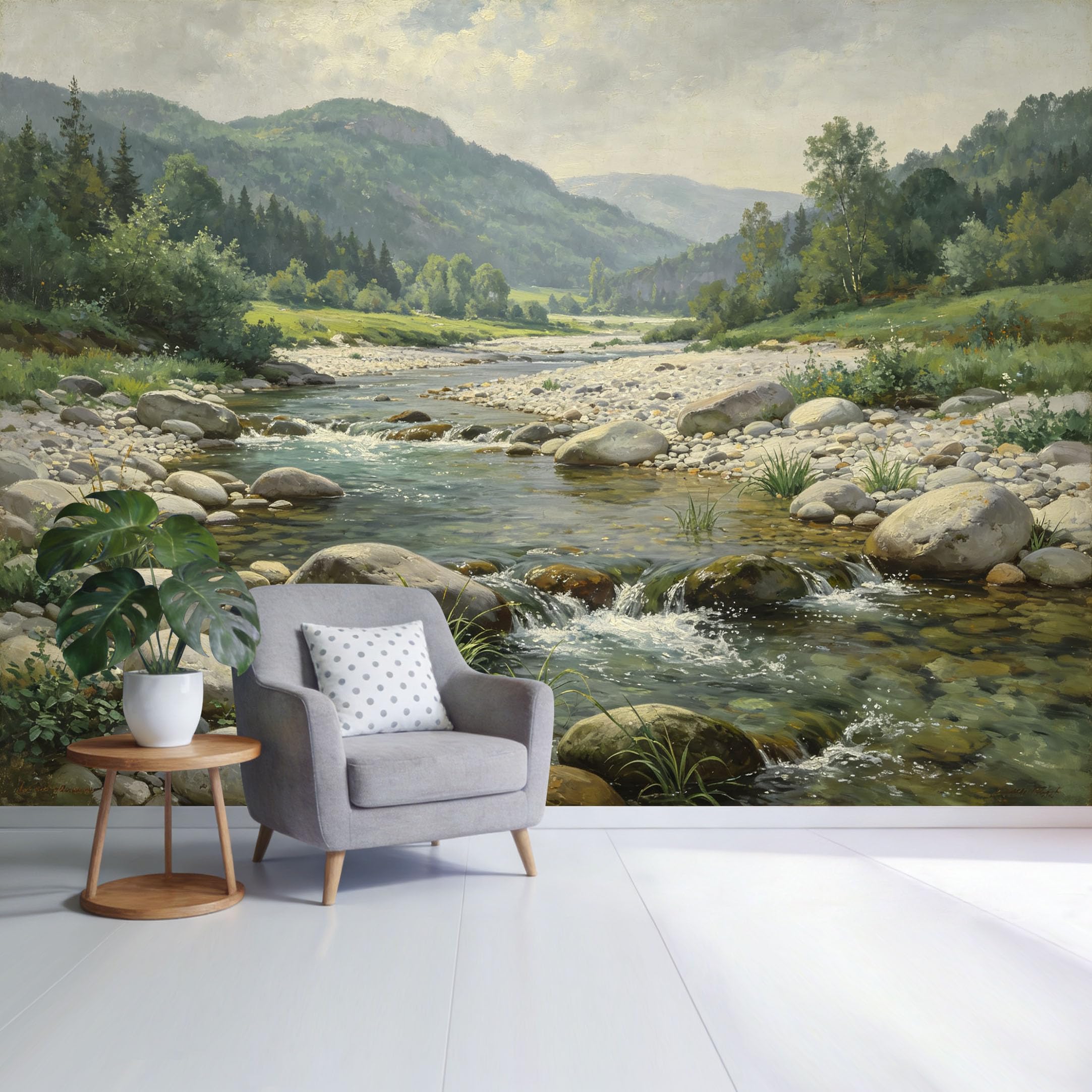 Custom Size Wall Mural Mountain River Landscape Rocky Stream Forest Valley View Watercolor Style SelfAdhesive Wall Fabric Removable Wallpaper for Home Office Decor