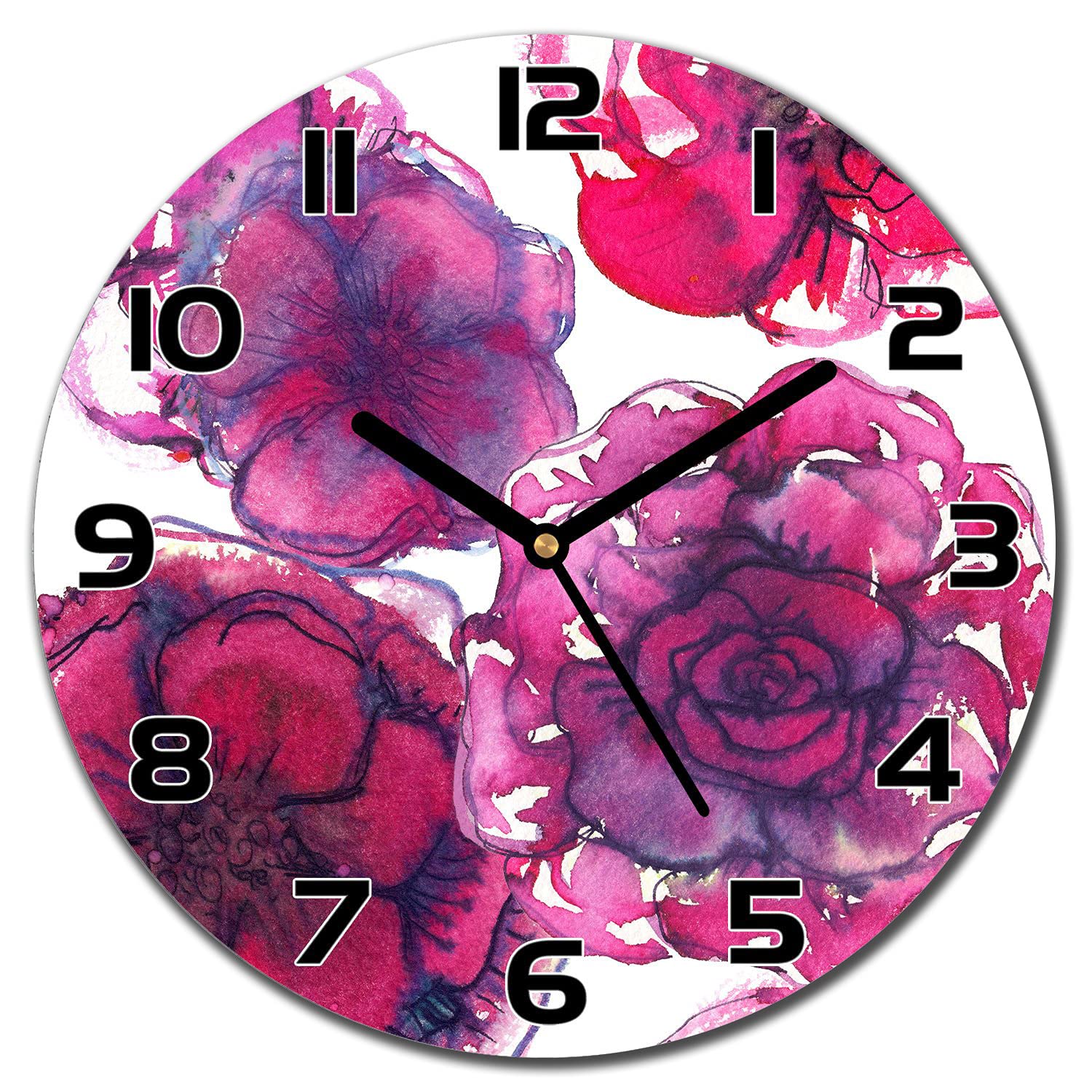 Horloge en verre salon moderne et cuisine 30 cm design floral roses et aiguilles noires
