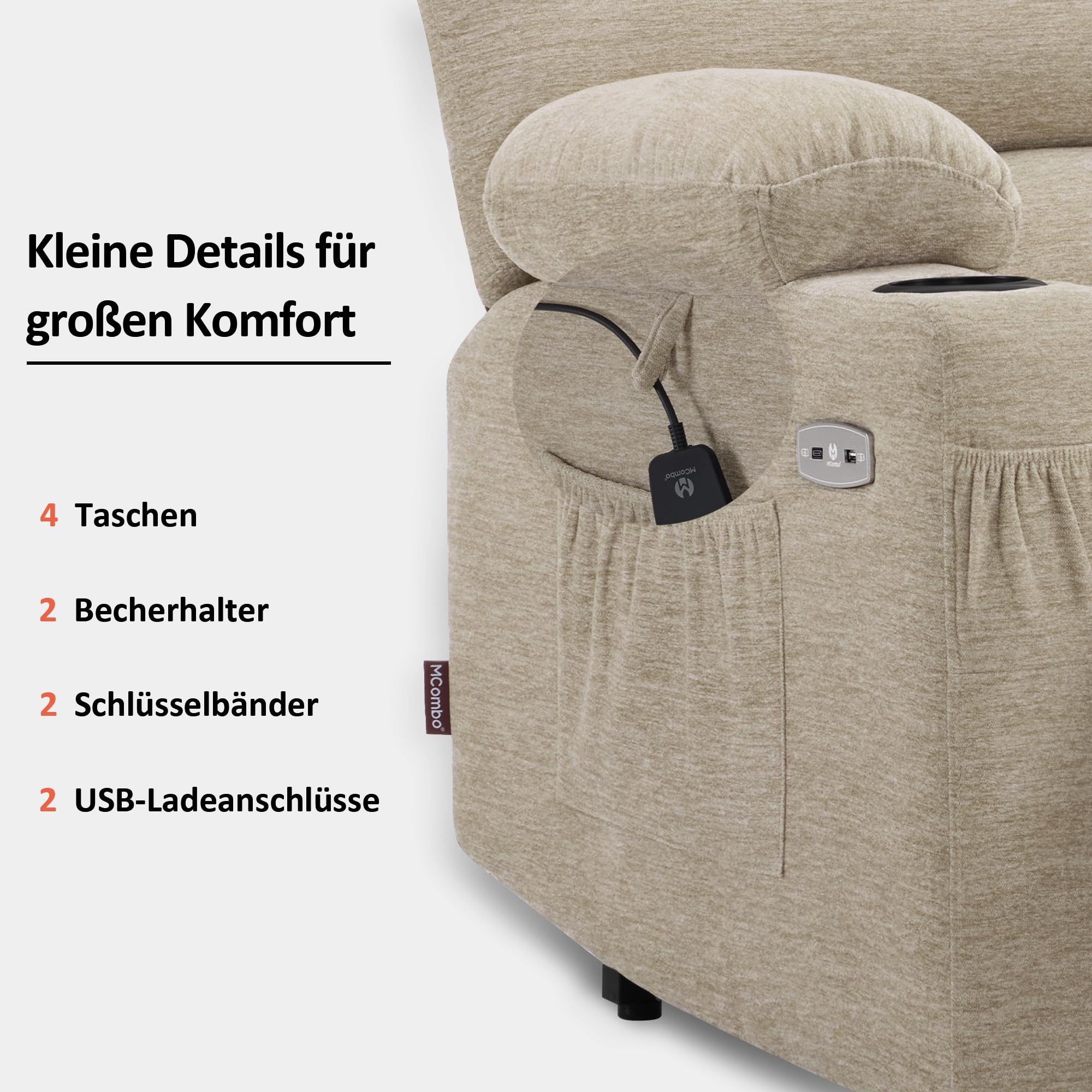 M MCombo Fauteuilavec Aide à se Lever électrique, Fauteuil Relax avec Fonction inclinable, Fauteuil de Massage avec Fonction de Chaleur, pour Le Salon des Seniors, 7102 (Tissu, Beige)