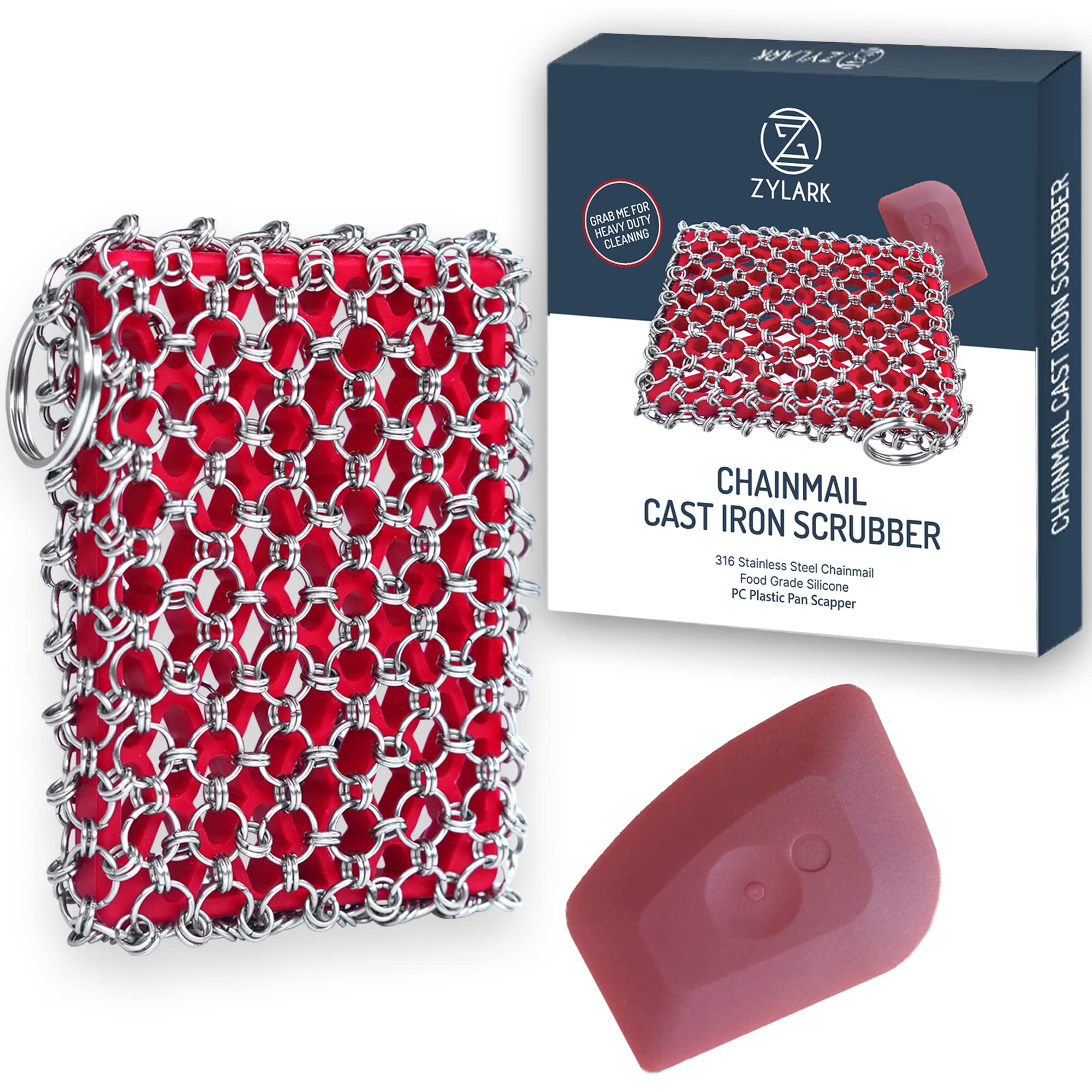 Cast Iron Scrubber Kit + Pan Scraper - 316 Cast Iron Chainmail Scrubber - Skillet Cleaner Scrubber - Cast Pan Scrubber Cleaner - Chainmail Chain