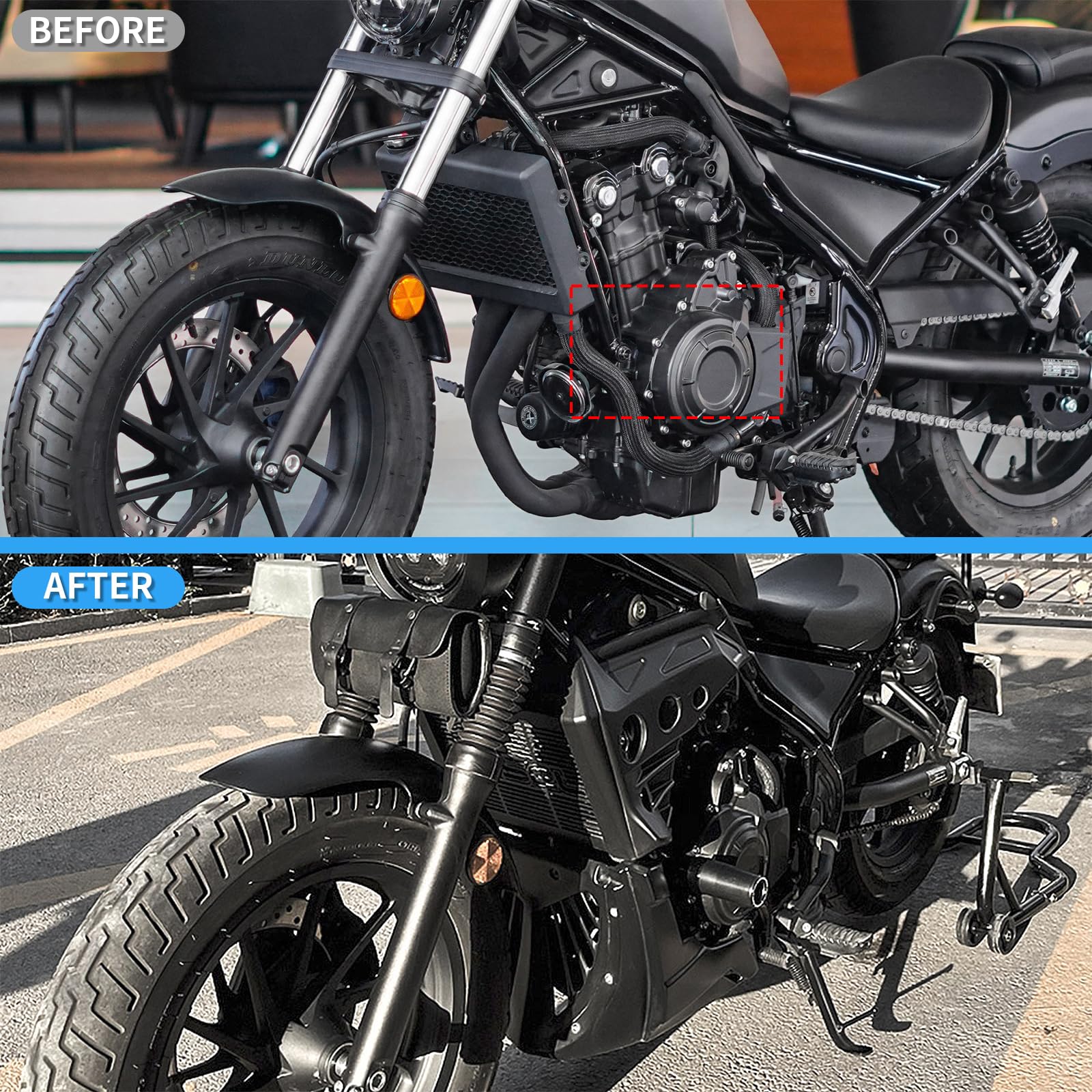 Sliders de cadre pour Honda Rebel 500 CMX500 (2017-2025) | Protection moteur et pare-chocs pour moto | Barres coulissantes CNC noires | Installation facile sans perçage
