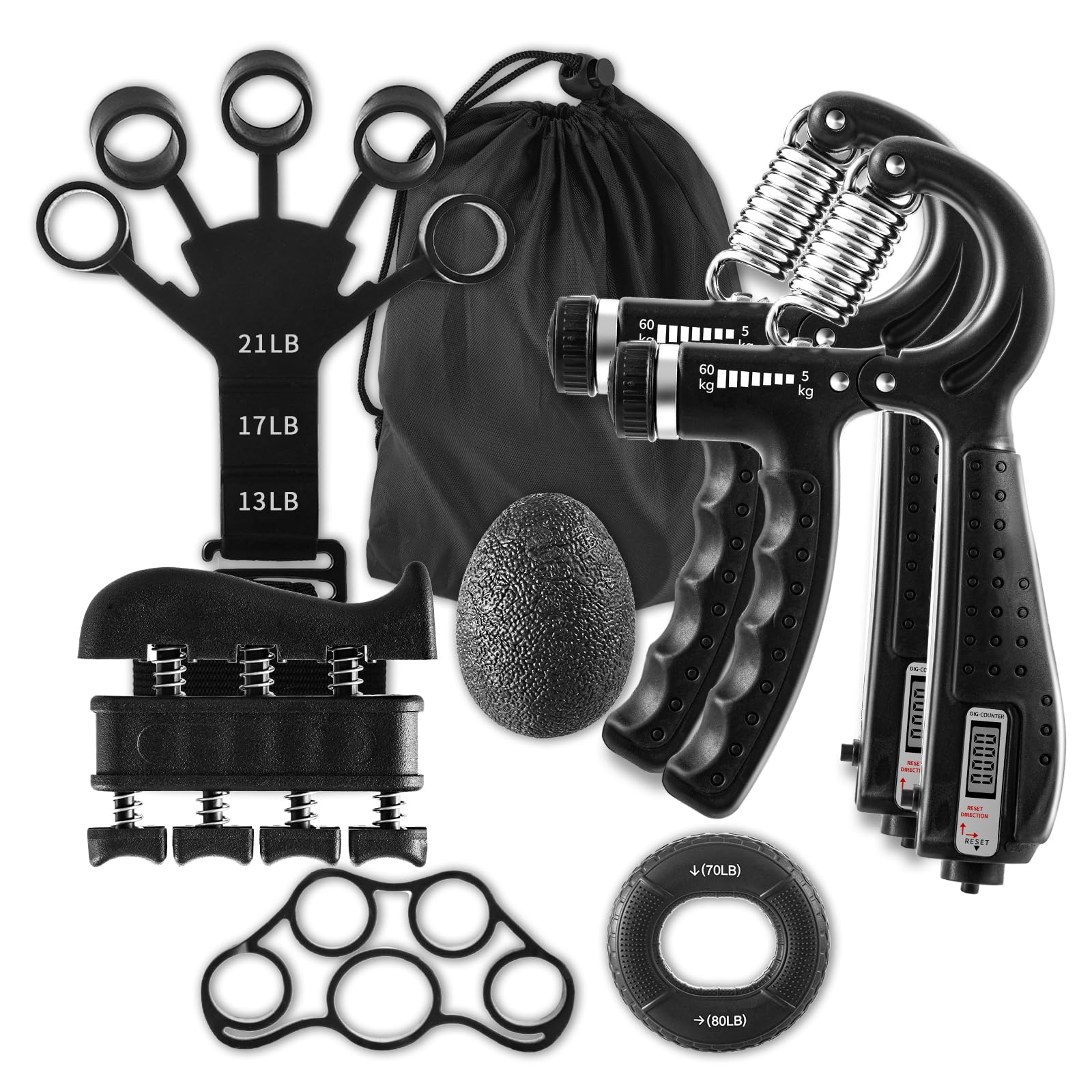7-teiliges Griffkrafttrainer-Set, 2 verstellbare Unterarm-Widerstandsgriffe, 1 Aufbewahrungstasche, Fingerstrecker, Griffring, Handquetschball, Fingerübungen, SOLUAME Fingertrainingsset