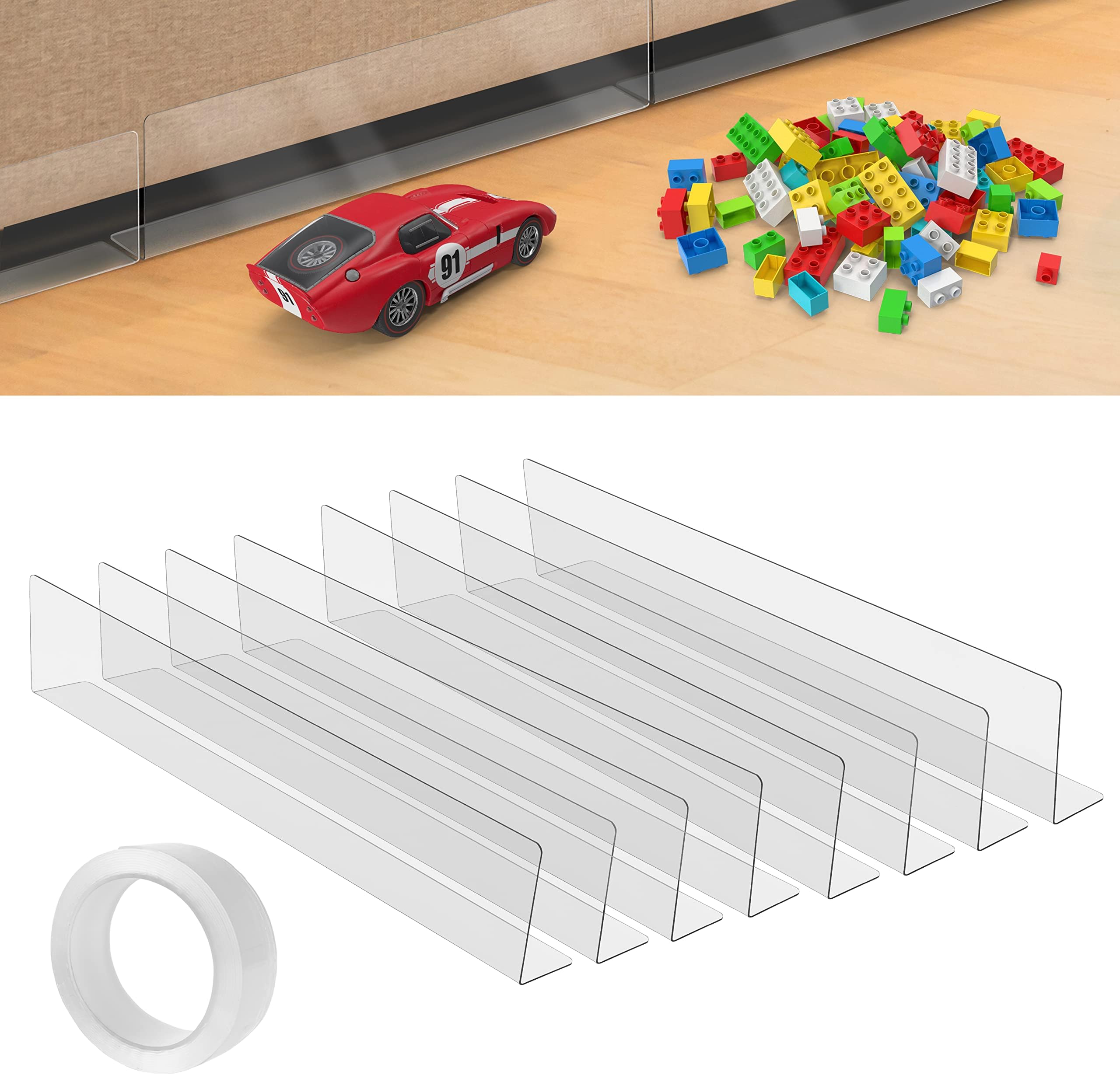 Under Furniture Blocker [8 Pack] - Clear Toy Blockers with Adhesive Tape for Sofa Bed Couch, Cabinet, Dresser, Table, Stove Gap - Floor Guards Barrier for Under Bed to Block Dust, Pets, Toys