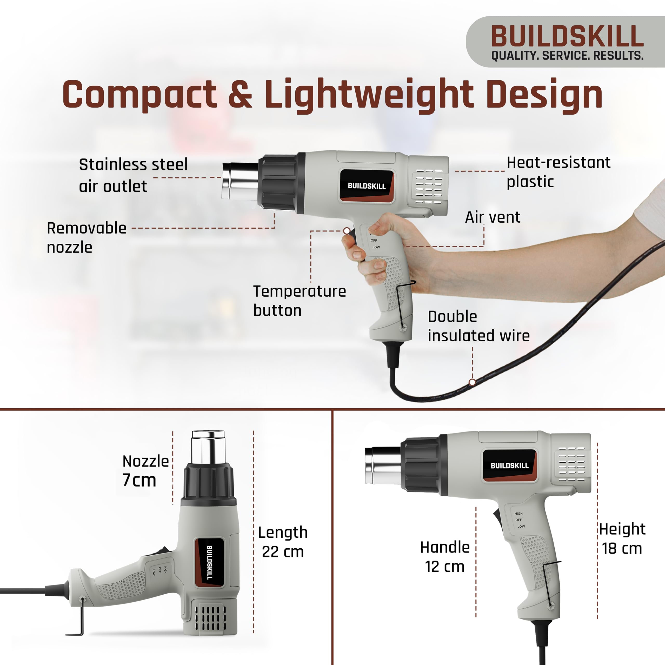 BUILDSKILL 1800W High Speed Heat Gun Machine | Dual Temperature 400°C - 550°C | Copper Motor | Hot Air Gun Machine for Electronic Tasks, Paint Removing, Shrink Wrapping 4
