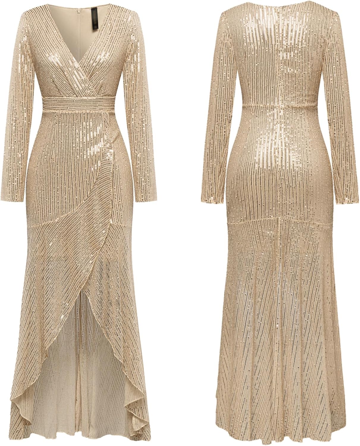 Women's Long Sequin Formal Dresses Long-Sleeve Cocktail Wedding Guest Dresses Elegant V Neck Party Gowns - Image 4