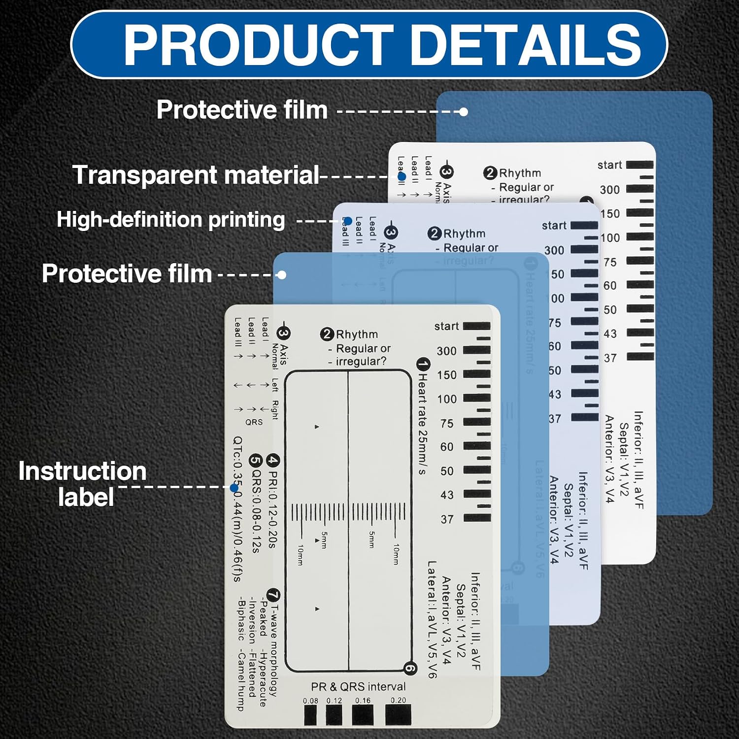 3pcs ECG 7 Step Ruler, Clear Plastic EKG Calipers Measuring Tool